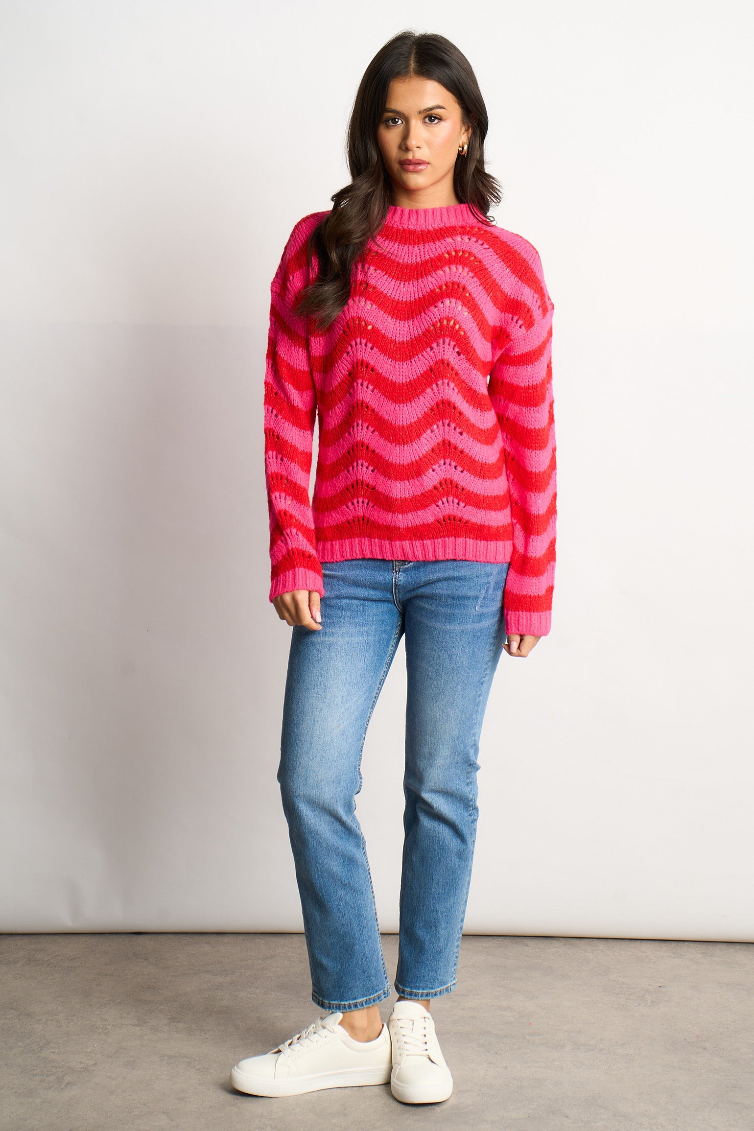 Wave-Stripe-Scalloped-Italian-Wool-Blend-Jumper-in-Pink/Red-styled