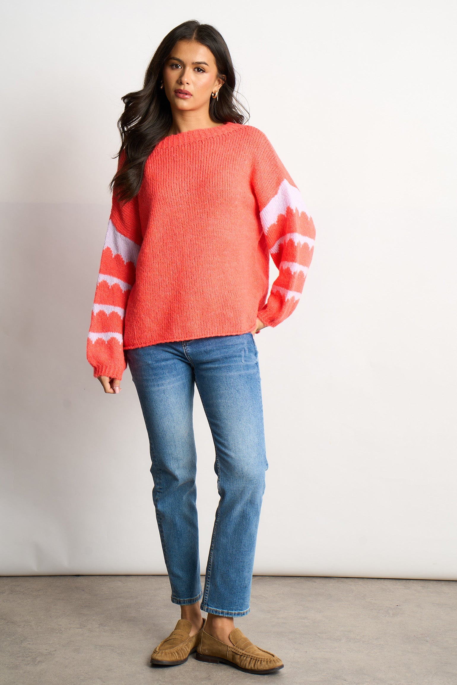 Striped-Sleeve-Italian-Wool-Blend-Jumper-in-Coral/Lilac-styled