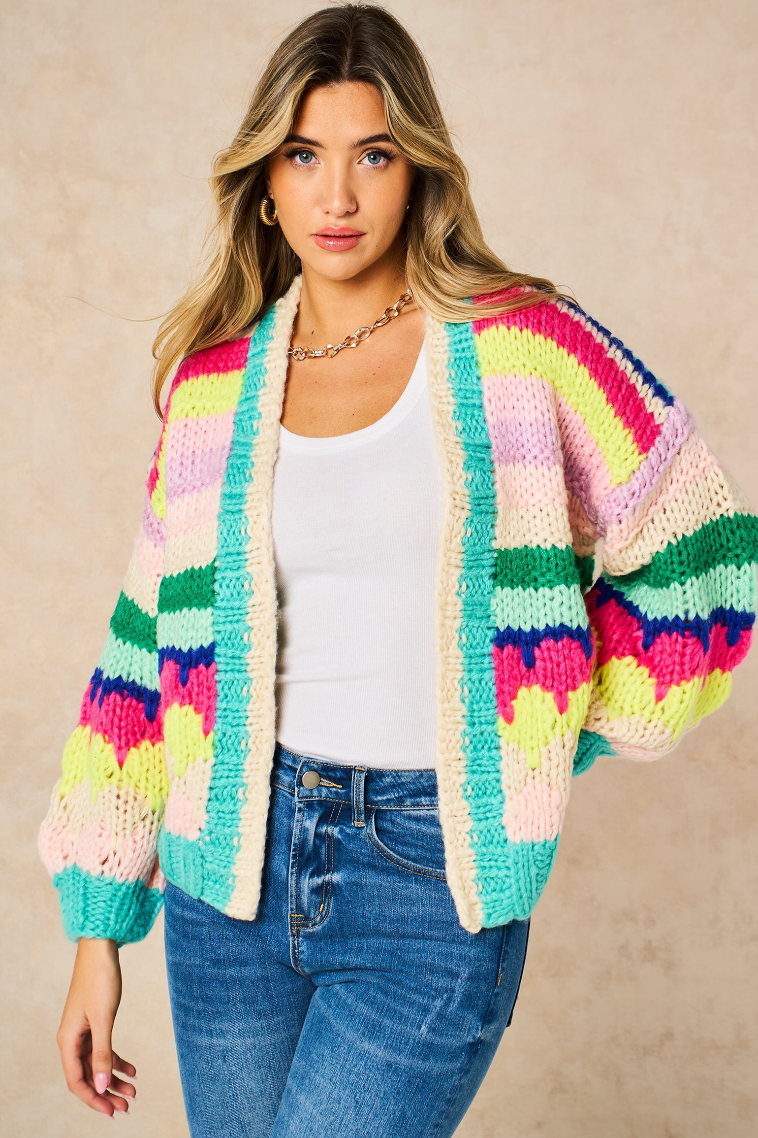 Hand-Knitted-Rainbow-Striped-Cardigan-in-Multi-Front
