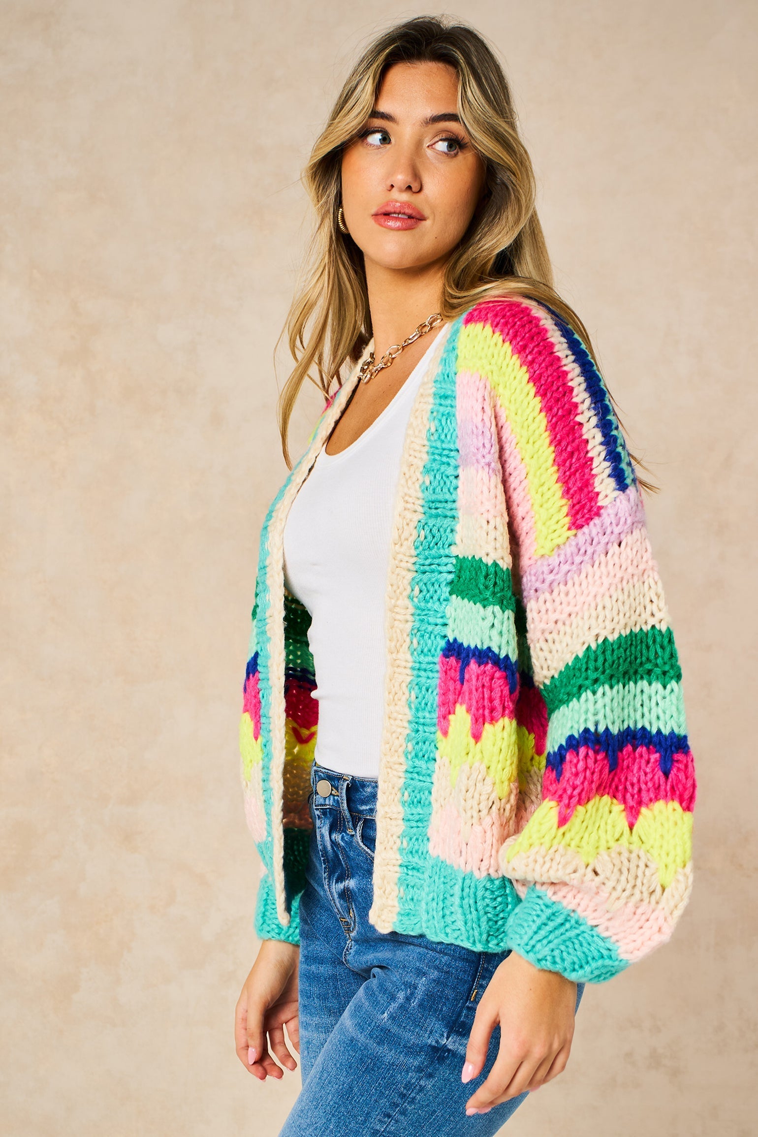 Hand-Knitted-Rainbow-Striped-Cardigan-in-Multi-Side