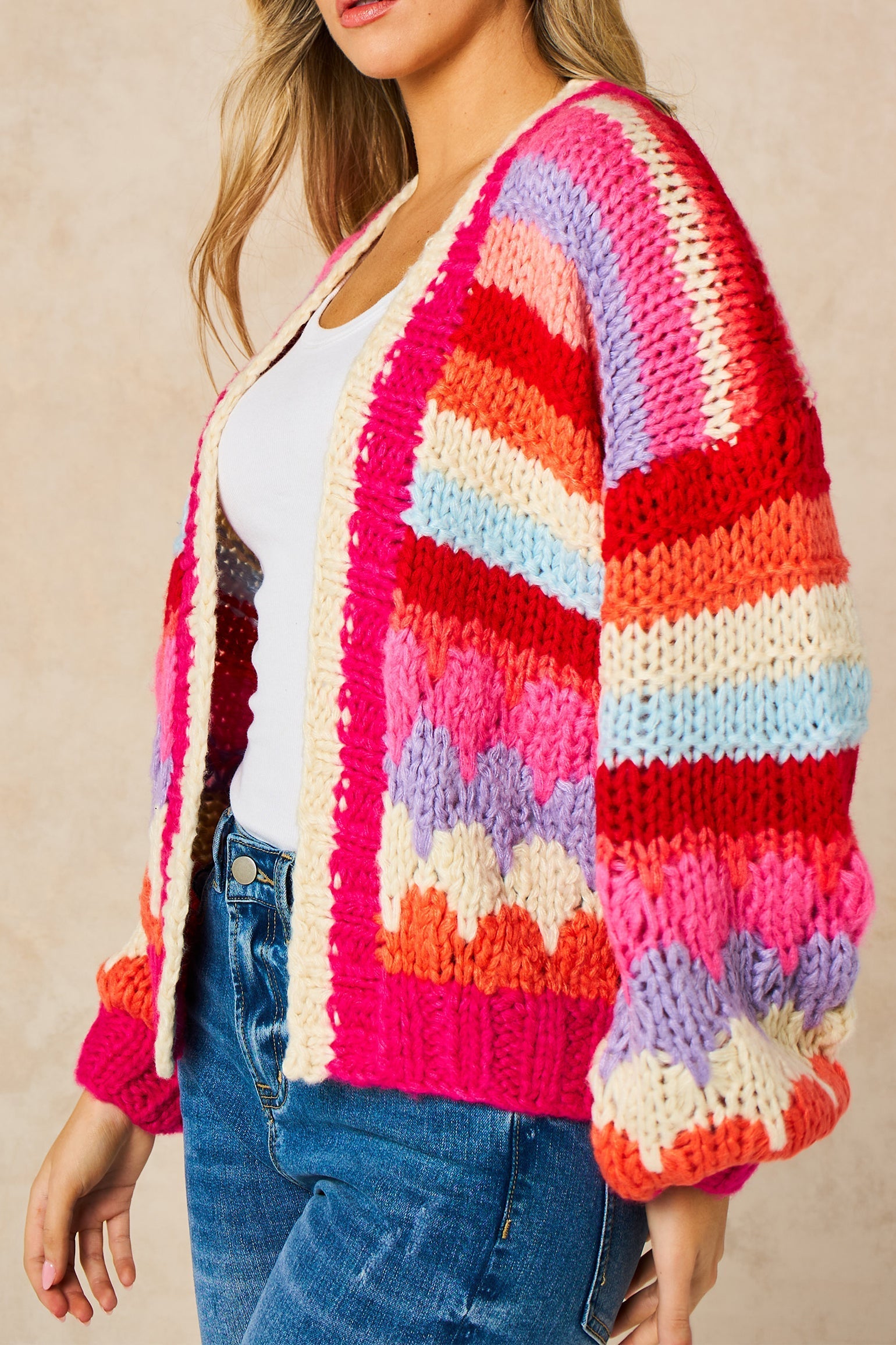 Hand-Knitted-Rainbow-Striped-Cardigan-in-Red/Pink-Side
