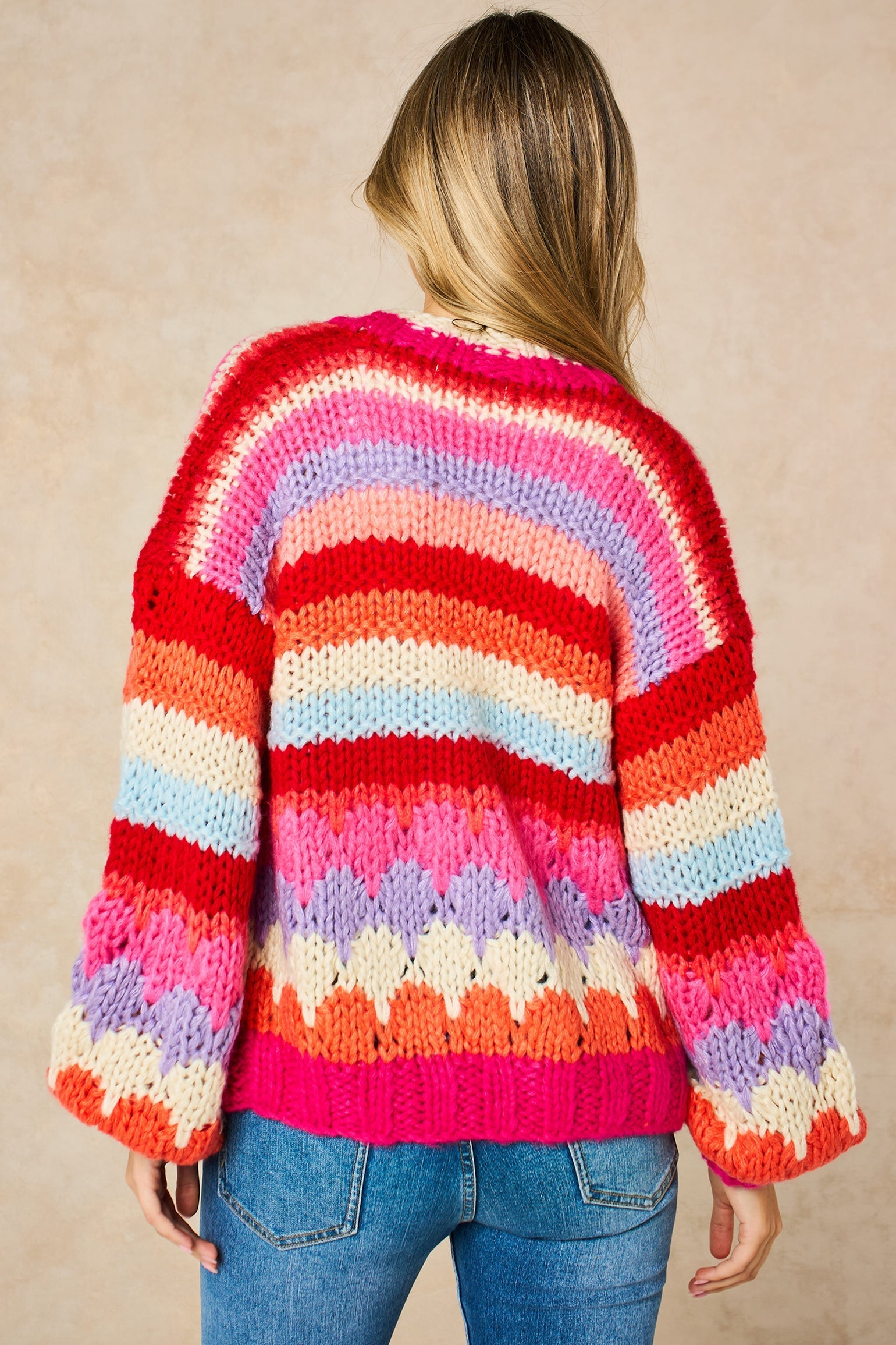 Hand-Knitted-Rainbow-Striped-Cardigan-in-Red/Pink-Back