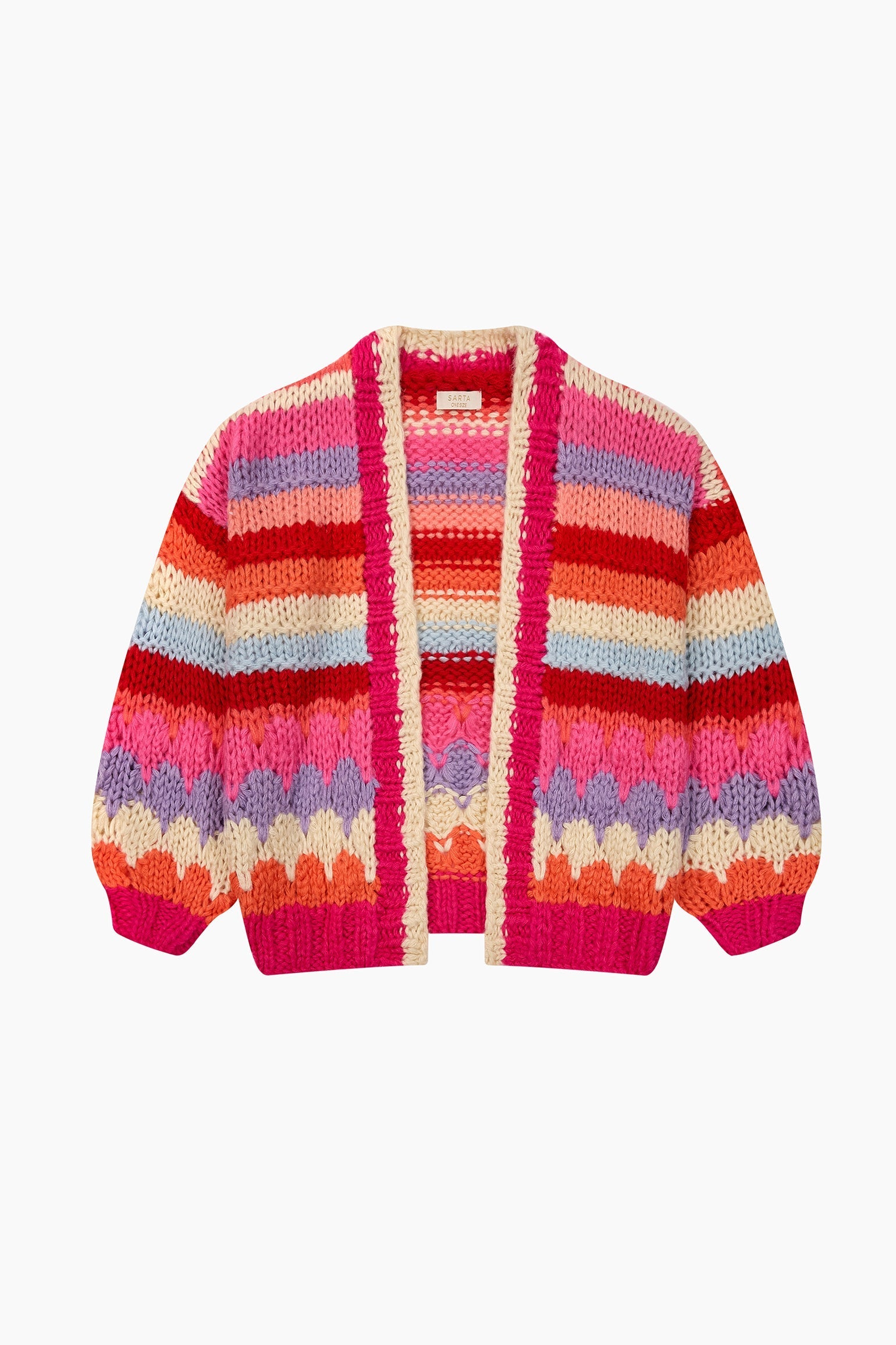Hand-Knitted-Rainbow-Striped-Cardigan-in-Red/Pink-Front
