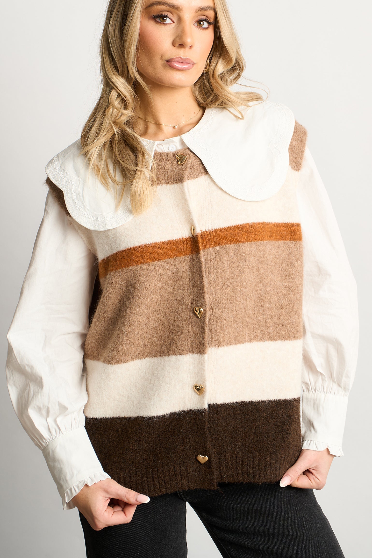 Heart-Buttons-Striped-Sleeveless-Vest-in-Neutral-Front-Styled