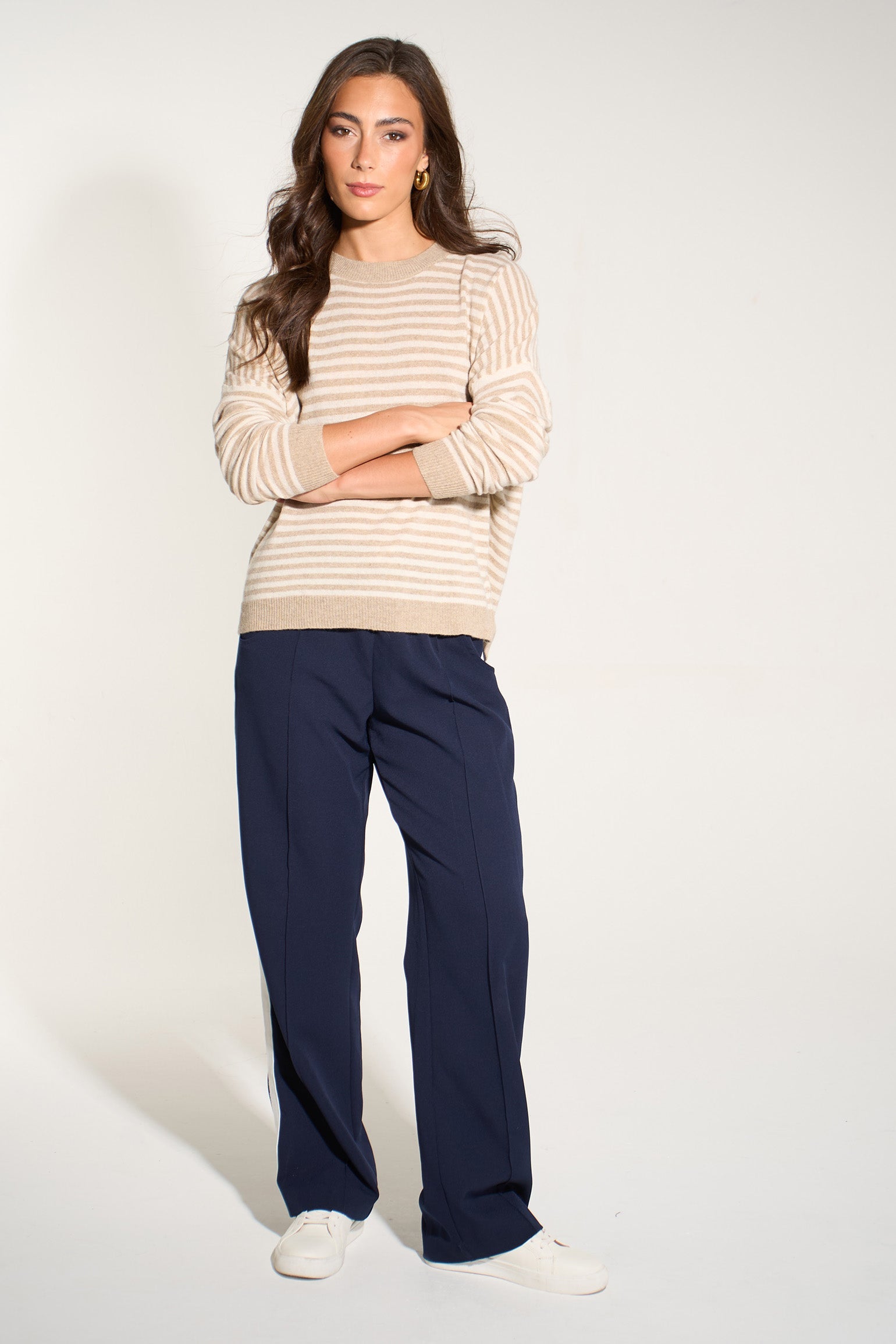Striped-Long-Sleeve-Italian-Cashmere-Wool-Blend-Jumper-in-Beige/Cream