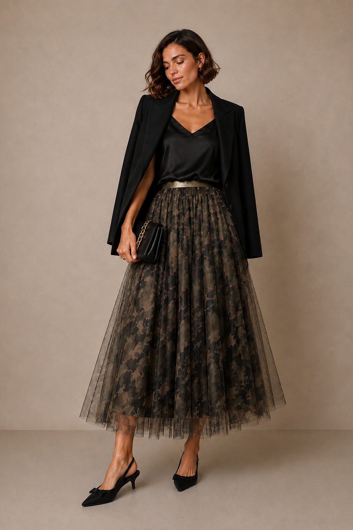 Camouflage--Midi-Tulle-Swing-Skirt-in-Khaki