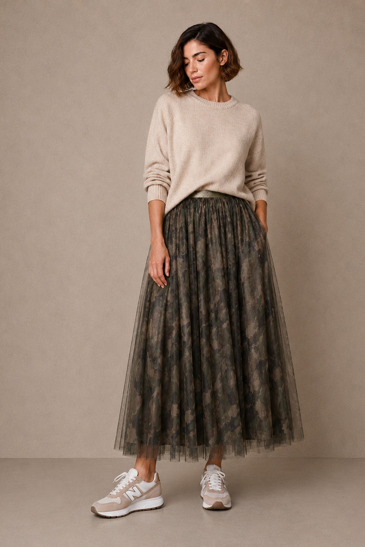 Camouflage--Midi-Tulle-Swing-Skirt-in-Khaki