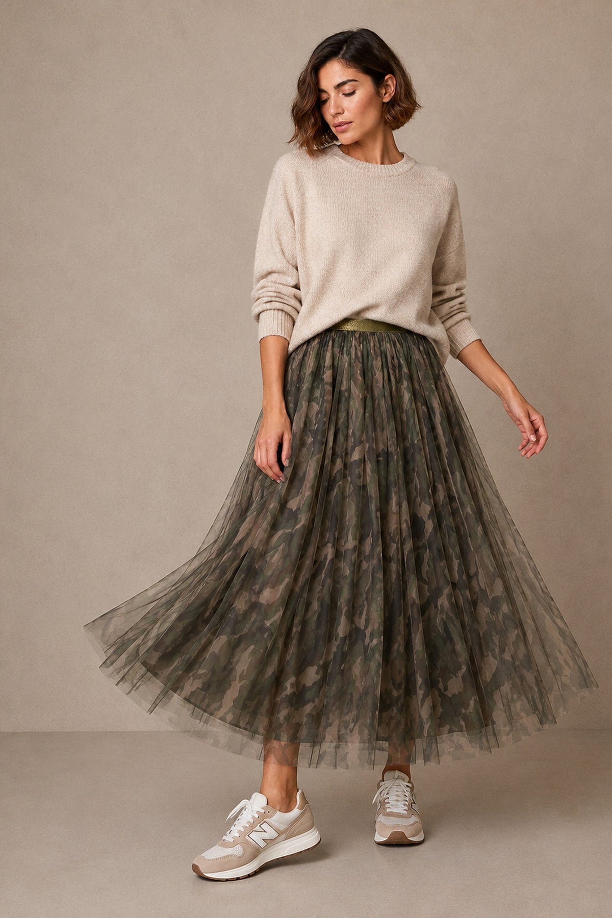 Camouflage--Midi-Tulle-Swing-Skirt-in-Khaki