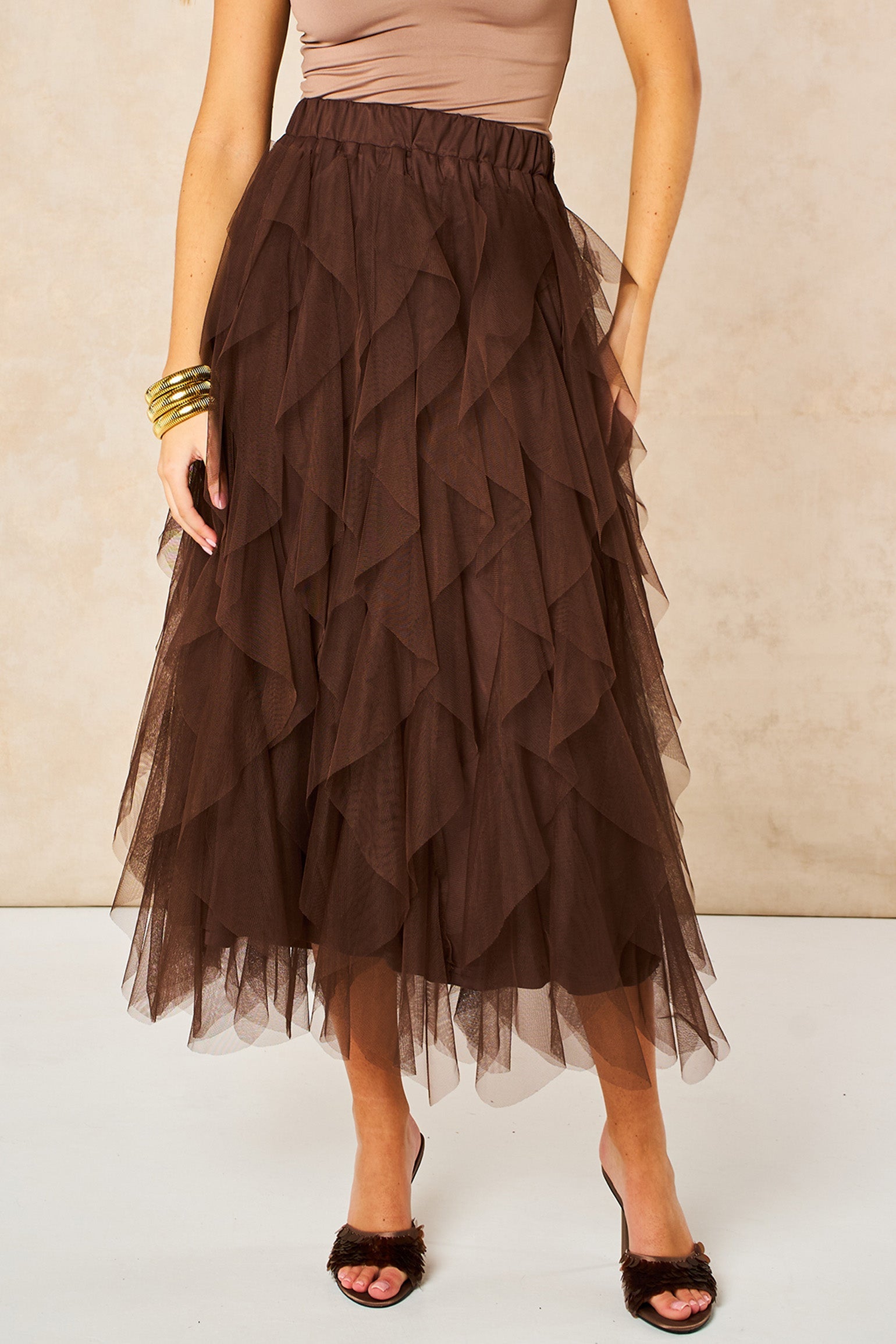 Layla-Brown-Layered-Tulle-Maxi-Skirt-Front