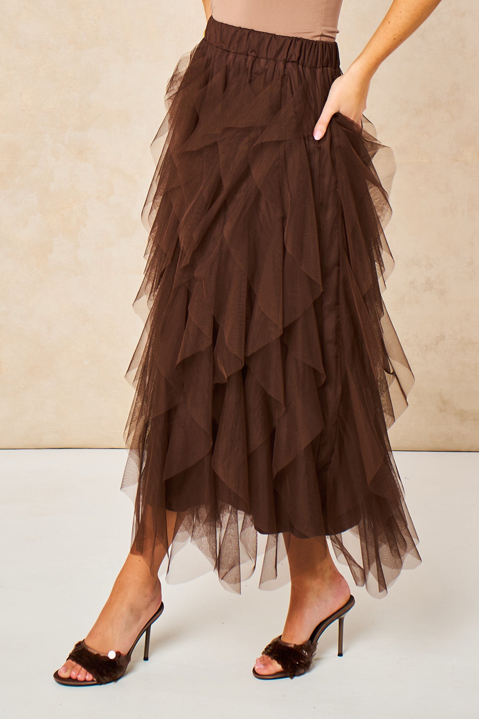 Layla-Brown-Layered-Tulle-Maxi-Skirt-Side
