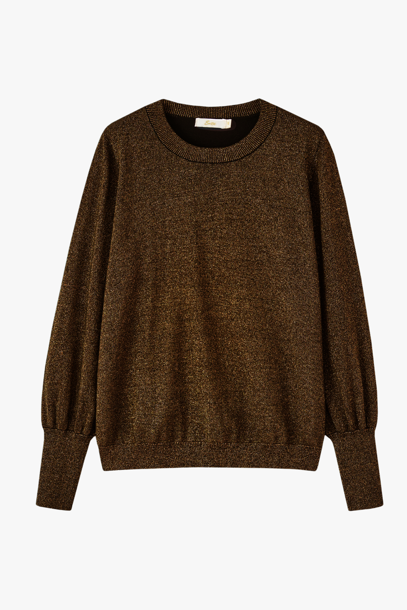 showing the bronze glitter jumper laying flat, showing the balloon sleeves and round neck