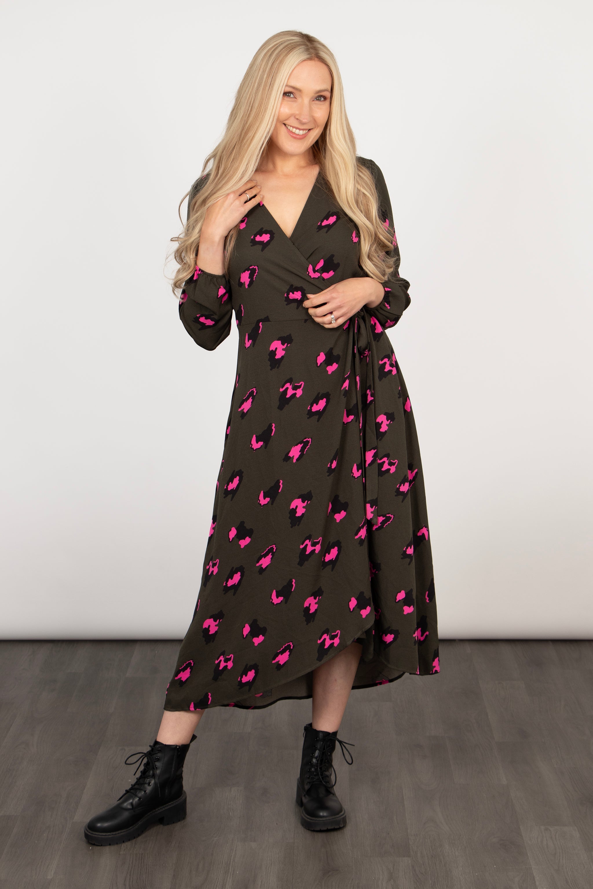 Parker Long Sleeve Midi Wrap Dress - Khaki/Pink, Leopard