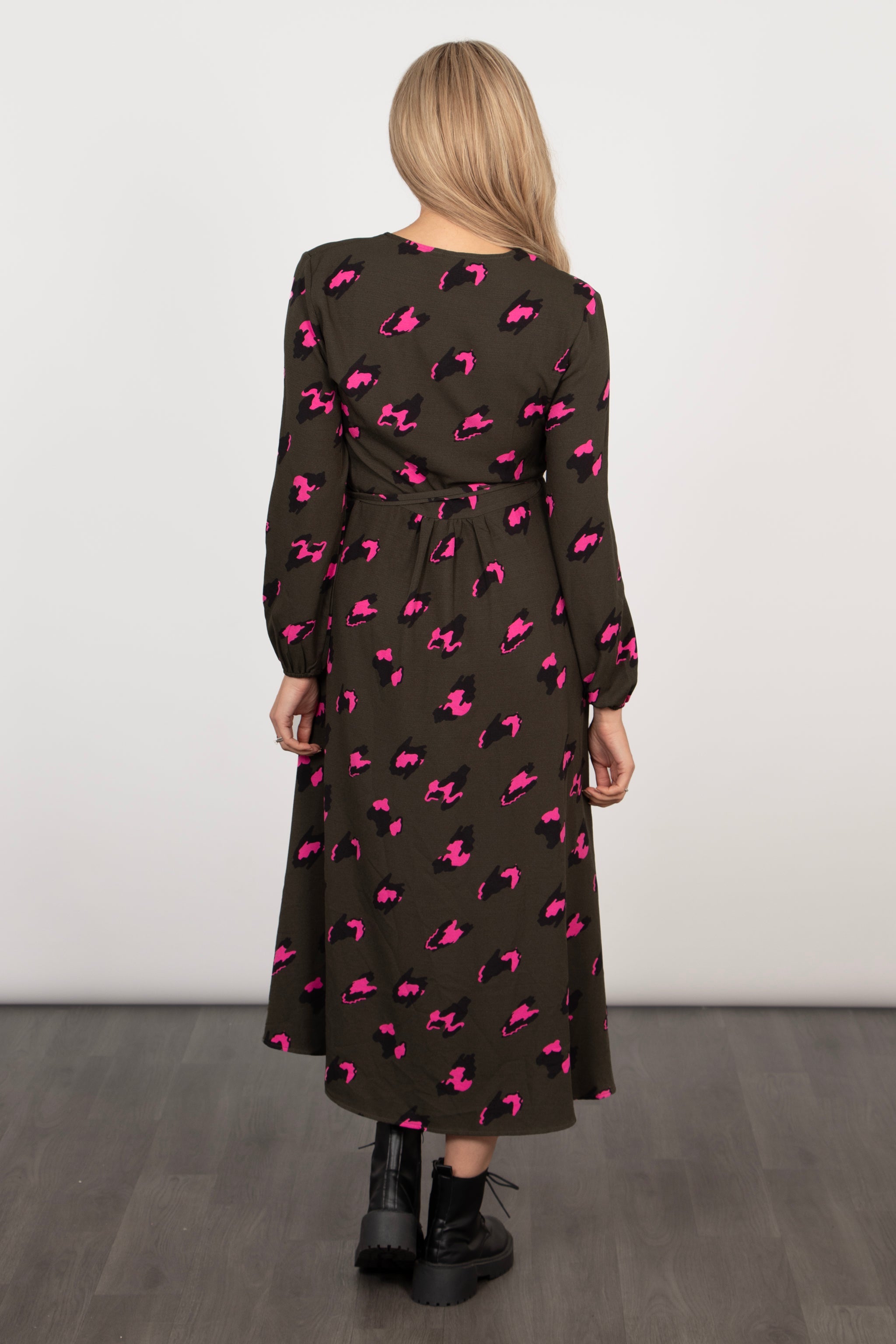 Parker Long Sleeve Midi Wrap Dress - Khaki/Pink, Leopard