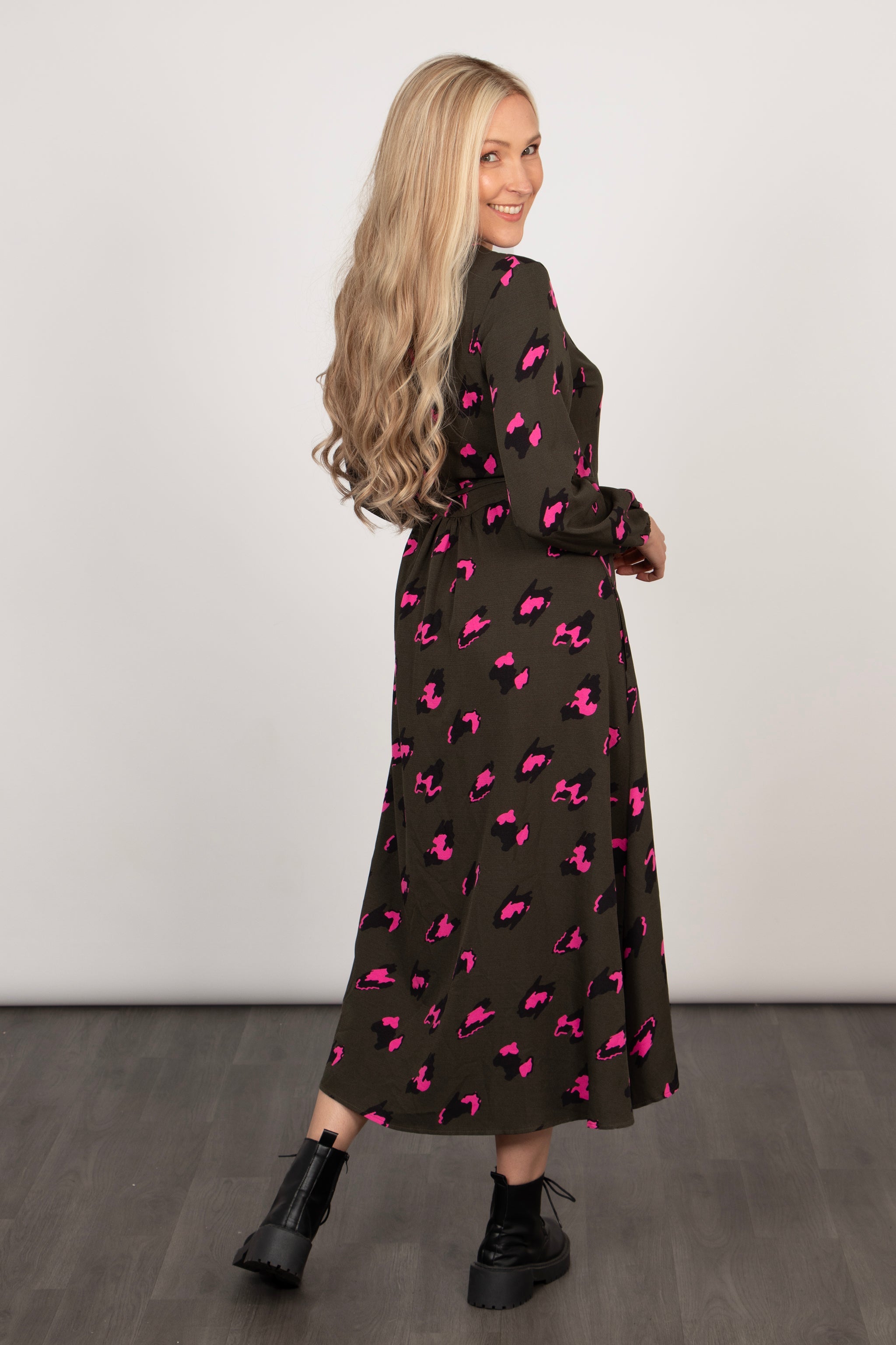Parker Long Sleeve Midi Wrap Dress - Khaki/Pink, Leopard