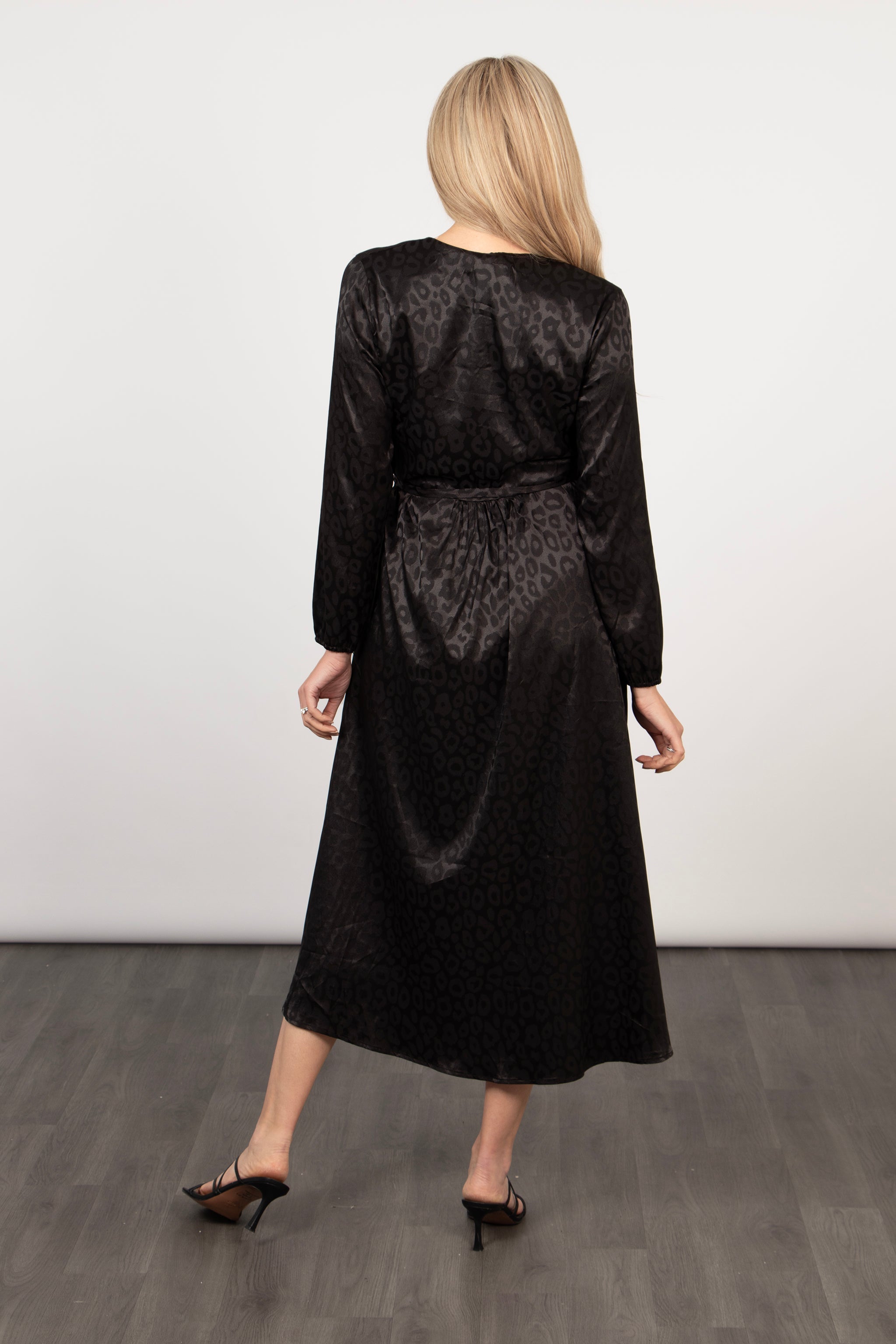 Parker Long Sleeve Midi Wrap Dress - Black, Leopard Print