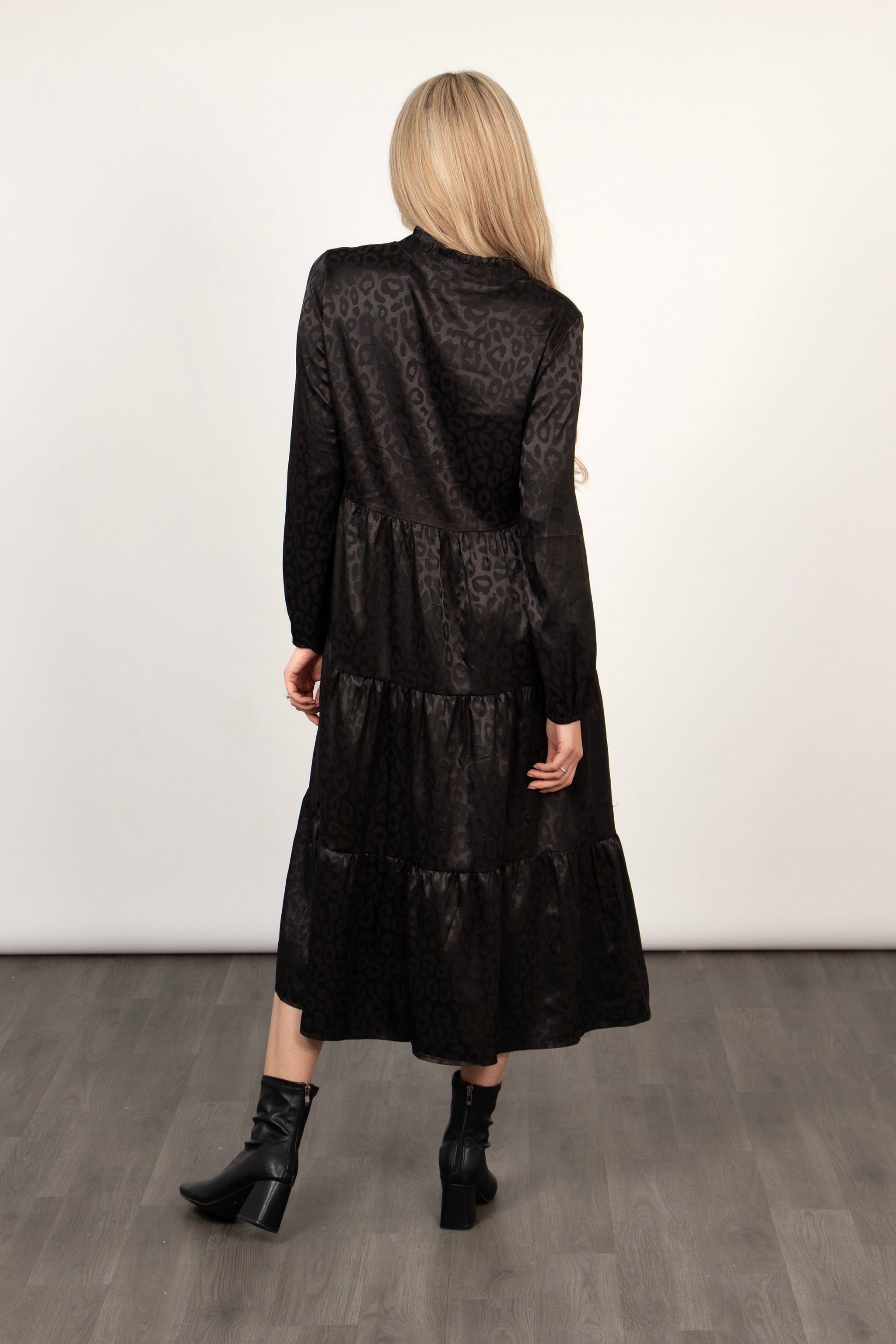Frankie Midi Tiered Dress - Black, Leopard