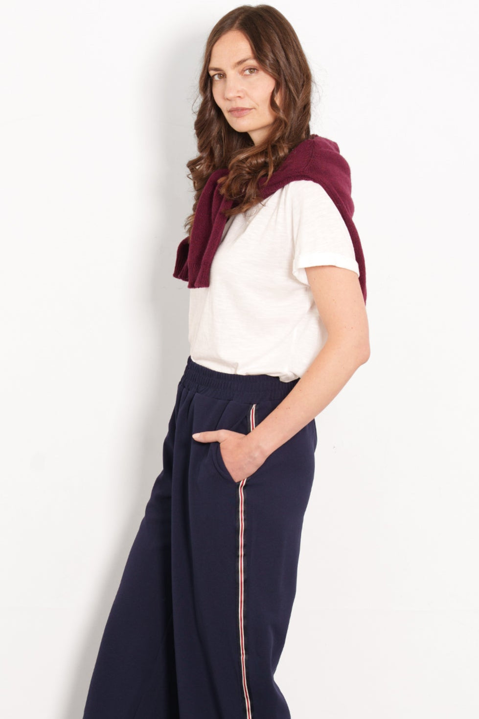 Margot Wide Leg Trousers- Navy Blue/Red, Stripe