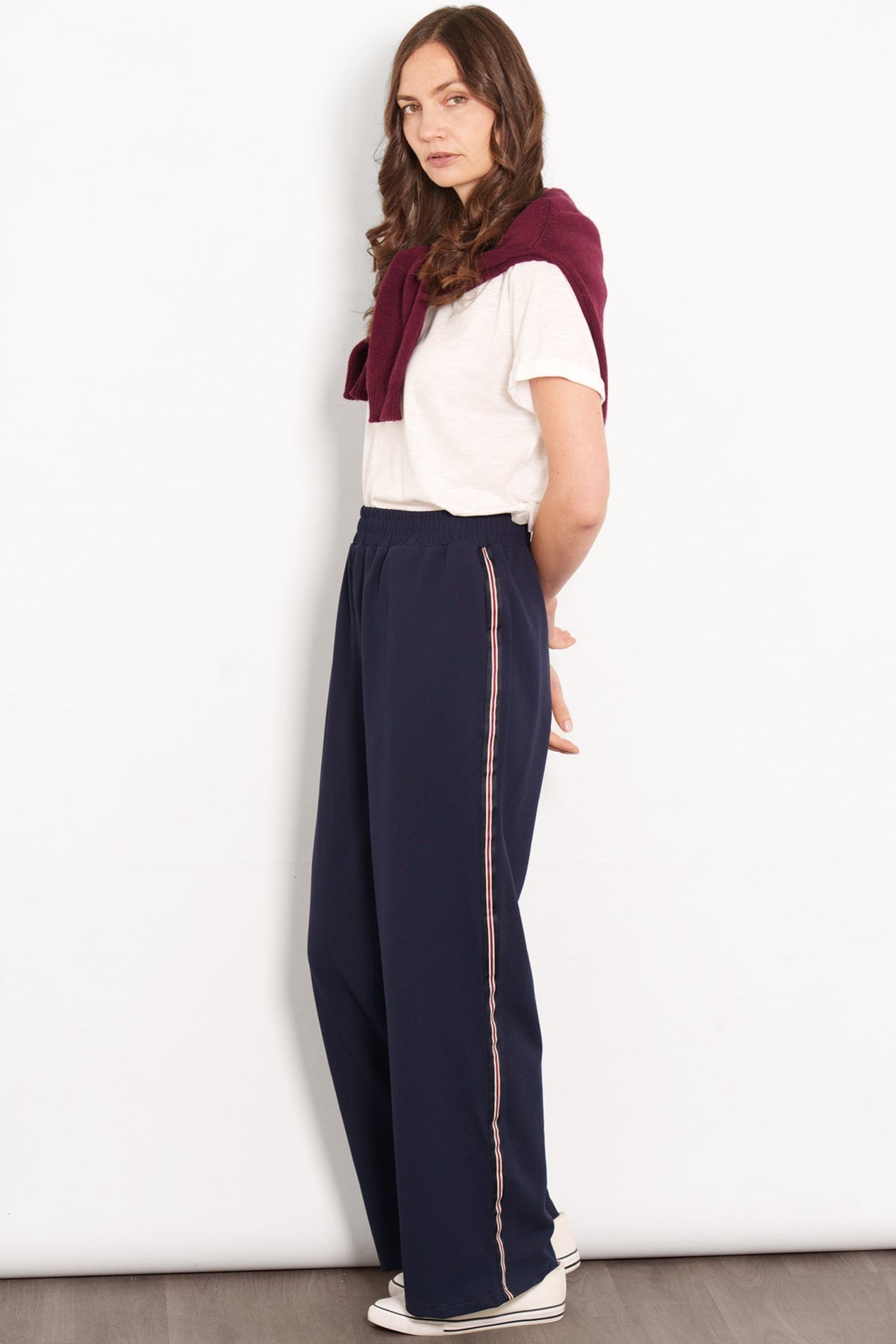 Margot Wide Leg Trousers- Navy Blue/Red, Stripe
