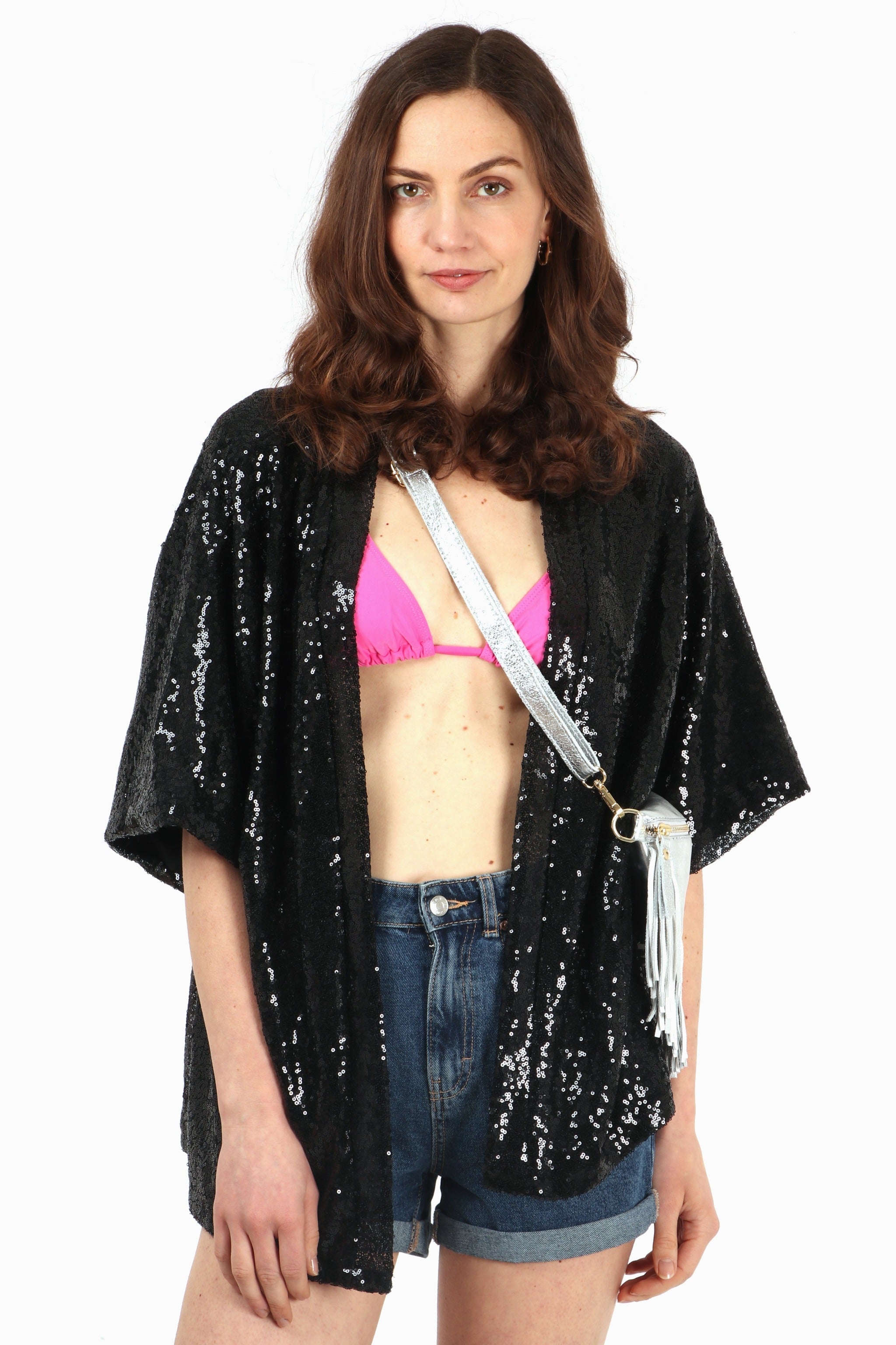 model wearing a black all over sequin short open front kimono jacket