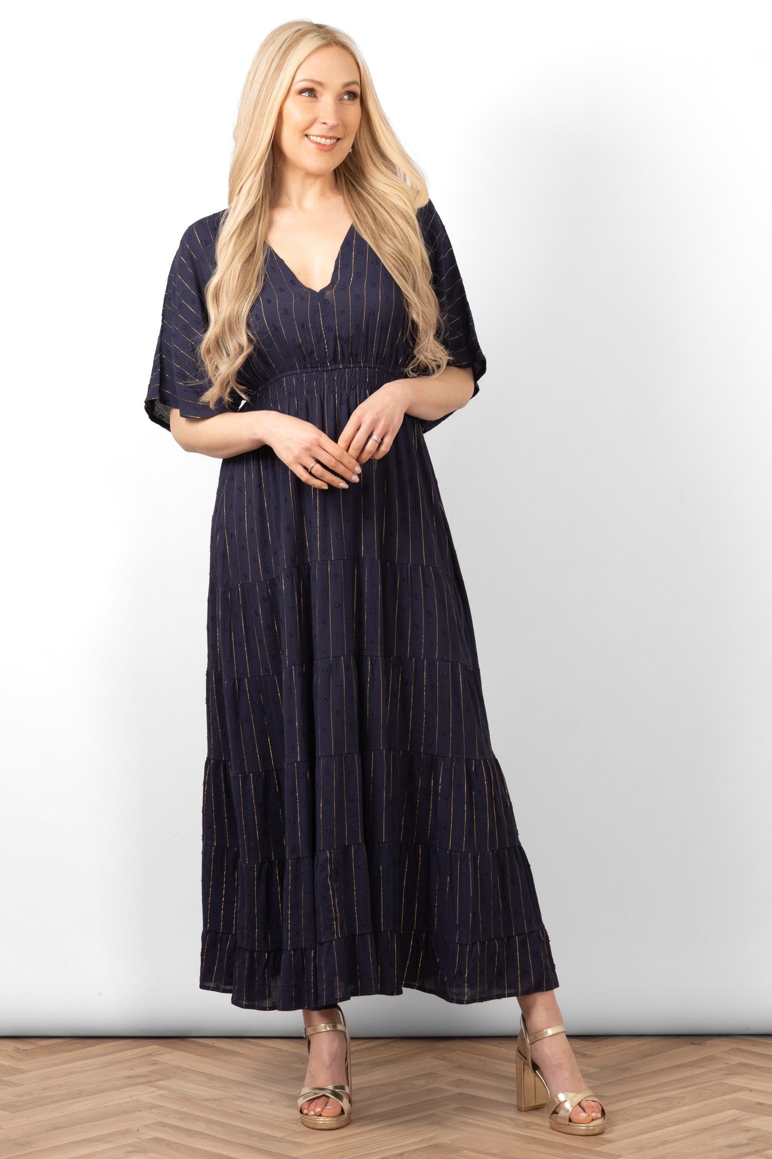 Sarta Women's Navy Blue Maxi Kaftan Dress Gold Metallic Pinstripe | Size: Small Sarta Women's Navy Blue Maxi Kaftan Dress Gold Metallic Pinstripe | Size: Small