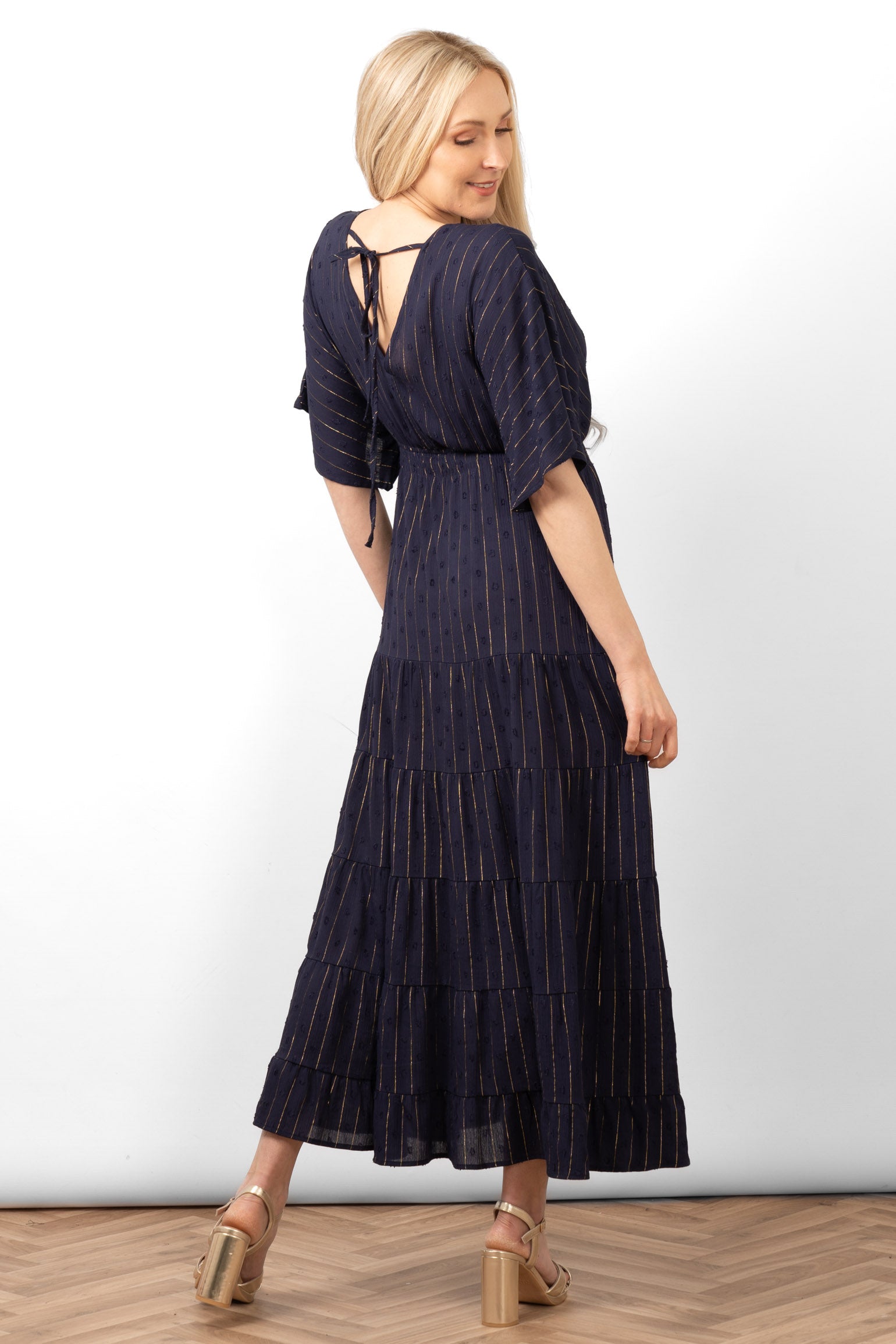 Sarta Women's Navy Blue Maxi Kaftan Dress Gold Metallic Pinstripe | Size: Small Sarta Women's Navy Blue Maxi Kaftan Dress Gold Metallic Pinstripe | Size: Small