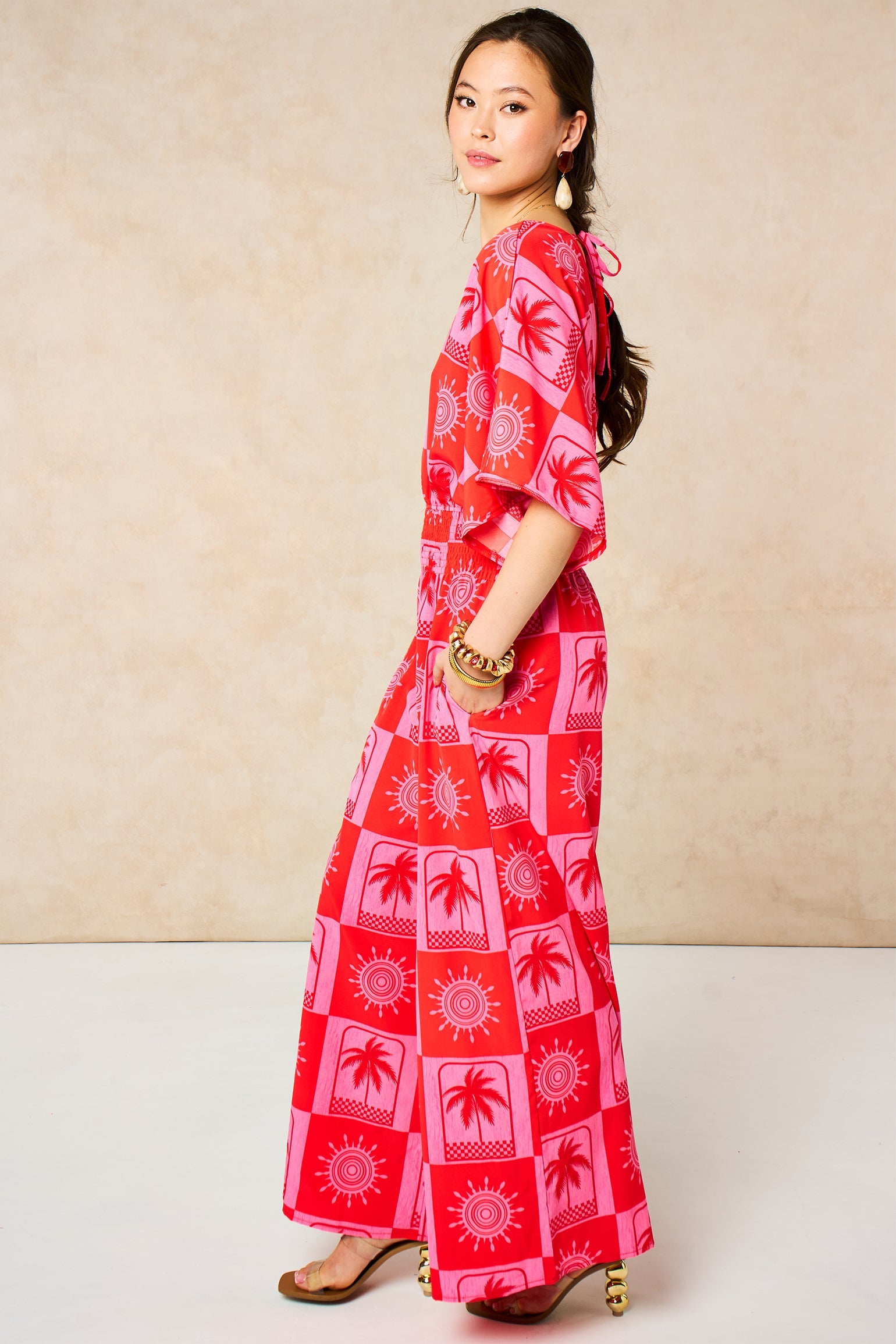 Palm-Tree-Checkerboard-V-Neck-Jumpsuit-in-Hot-Pink-Side