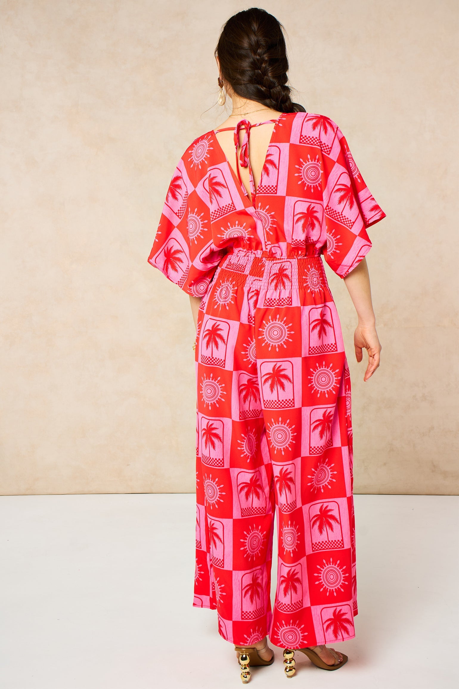 Palm-Tree-Checkerboard-V-Neck-Jumpsuit-in-Hot-Pink-Back