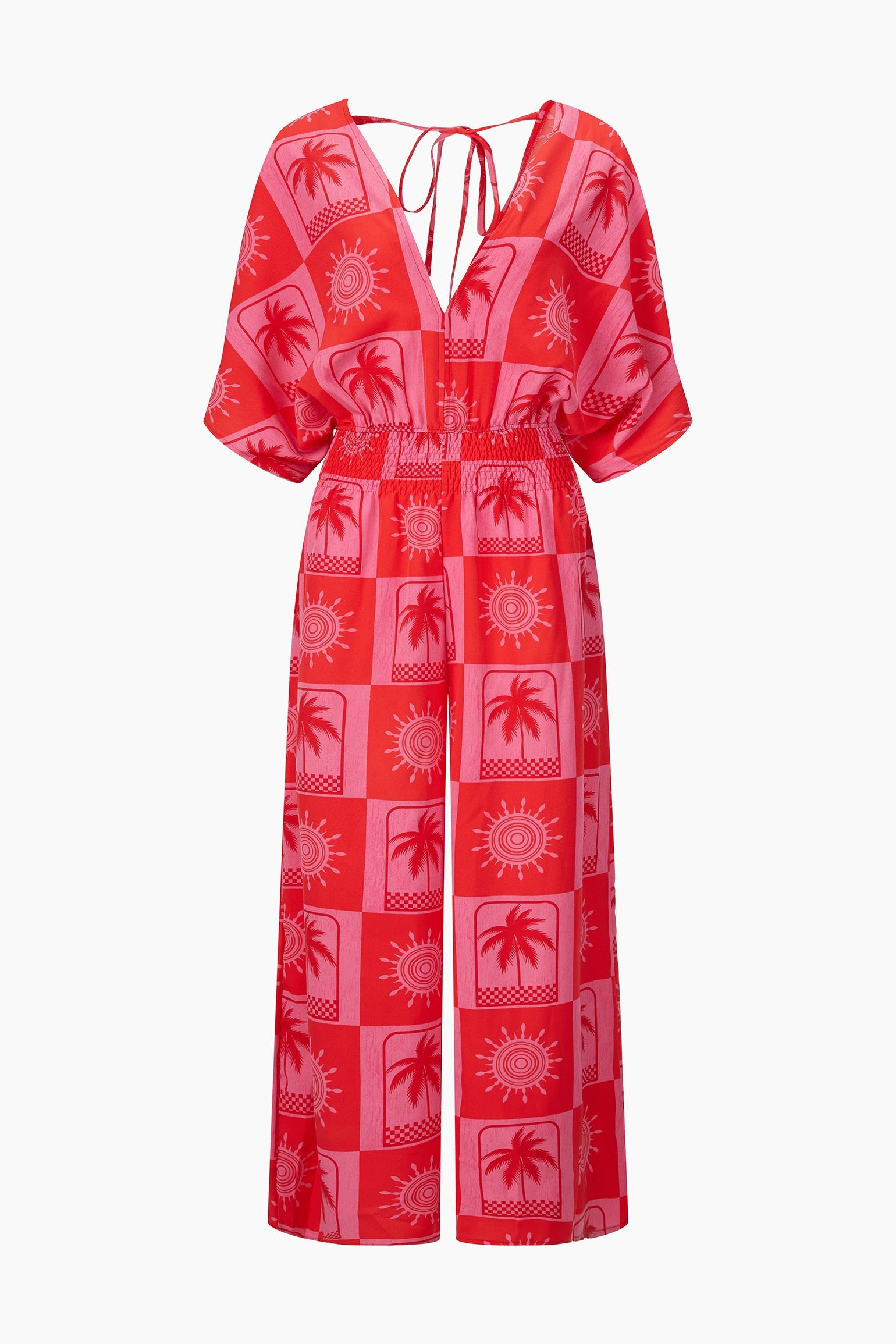 Palm-Tree-Checkerboard-V-Neck-Jumpsuit-in-Hot-Pink-Front
