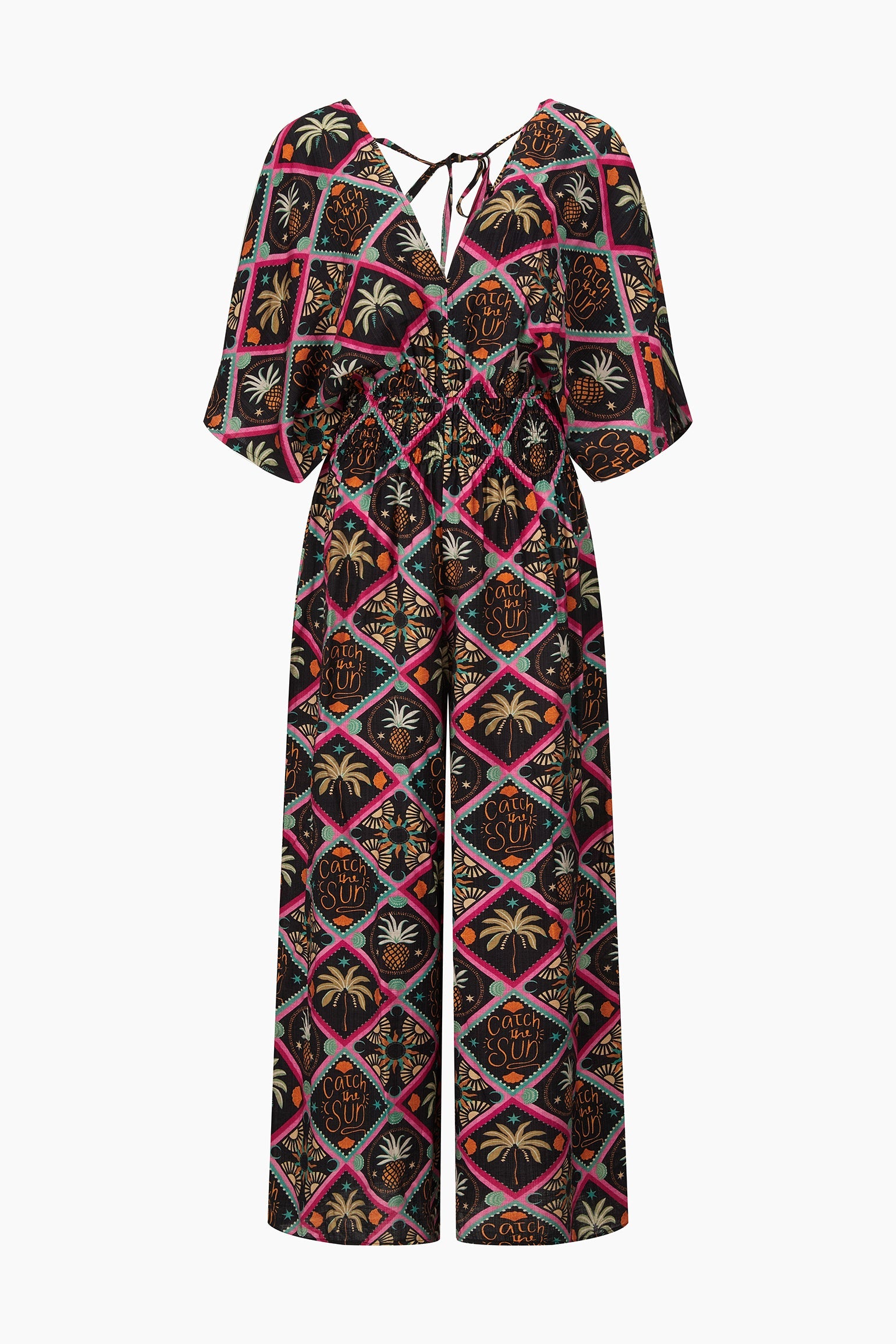 Pineapple-Print-V-Neck-Jumpsuit-in-Black-Front