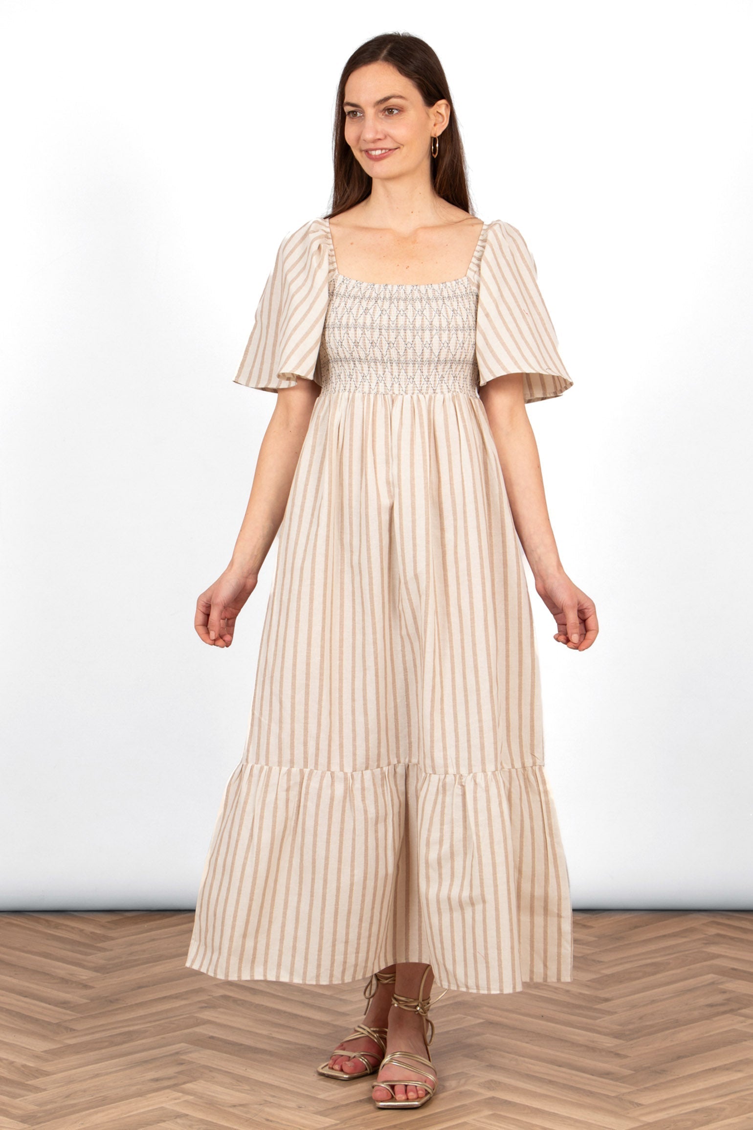 Sarta Women's Striped Milkmaid Maxi Dress in Cream | Size: Medium Sarta Women's Striped Milkmaid Maxi Dress in Cream | Size: Medium