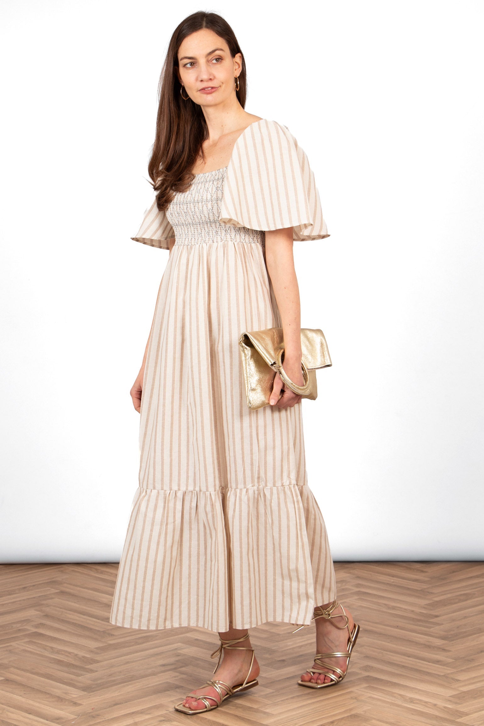 Sarta Milkmaid Maxi Dress Cream Striped Neutral Summer Flowy Sundress