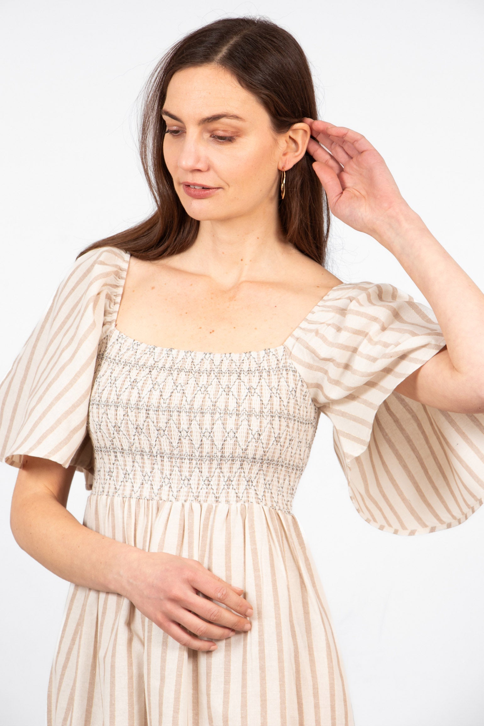 Sarta Women's Striped Milkmaid Maxi Dress in Cream | Size: Medium Sarta Women's Striped Milkmaid Maxi Dress in Cream | Size: Medium