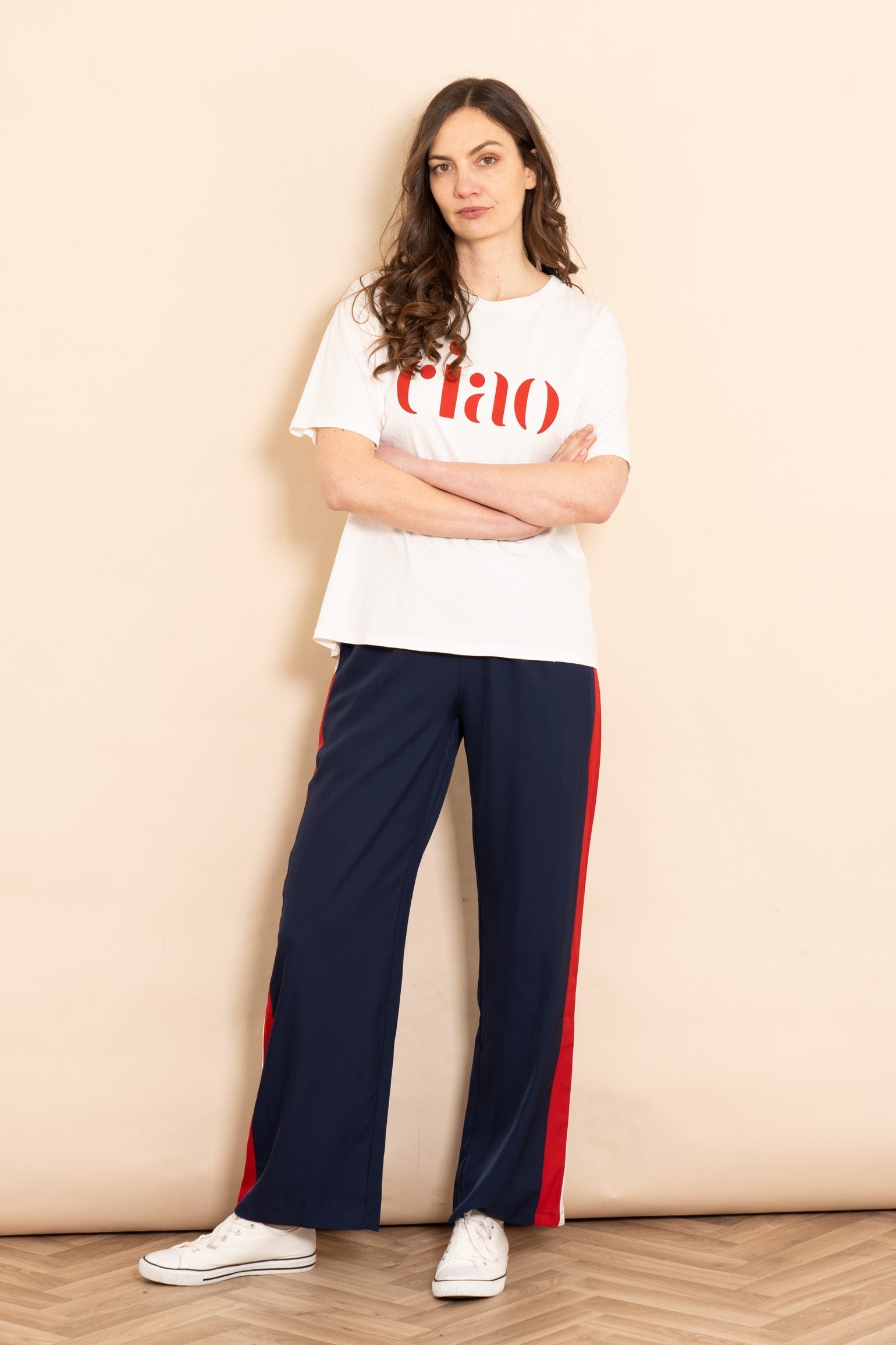 rory-wide-leg-trousers-navy-blue-double-stripe-styled-on-model-white-casual-graphin-tee