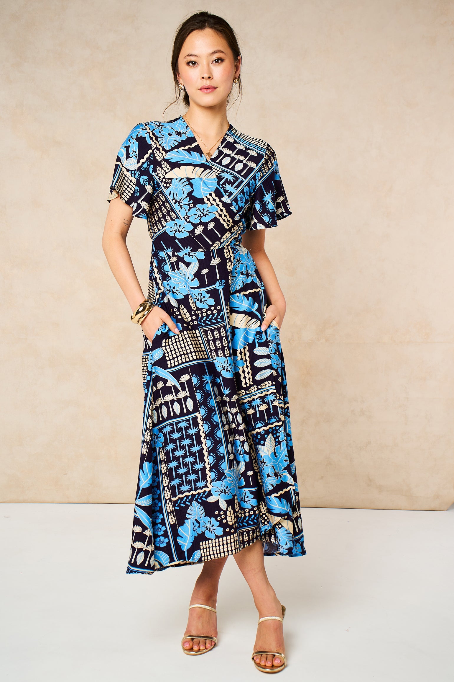 Tile-Print-Midaxi-Wrap-Dress-in-Navy-Blue-Front