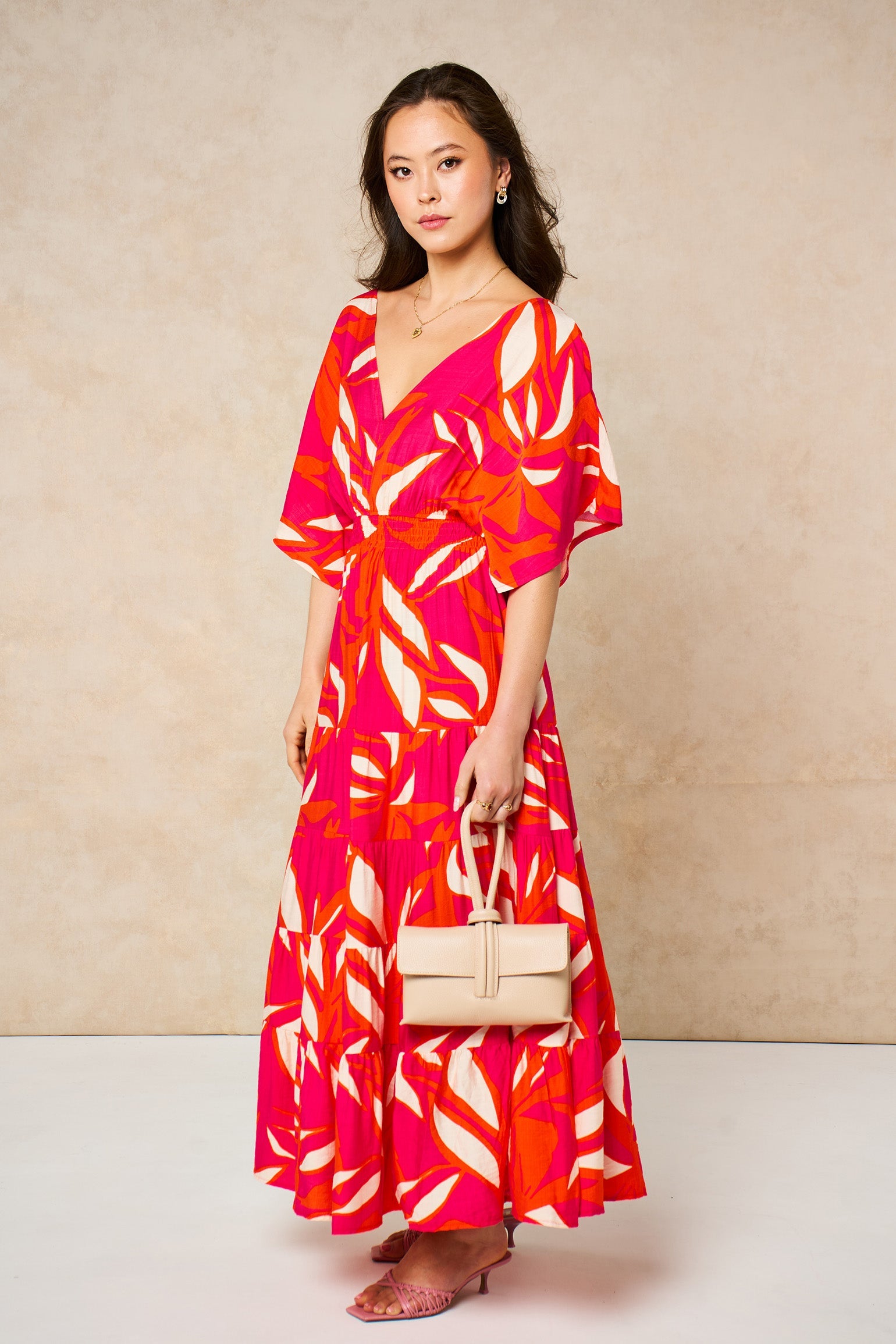 Tropical-Floral-Maxi-Kaftan-Dress-in-Hot-Pink-styled