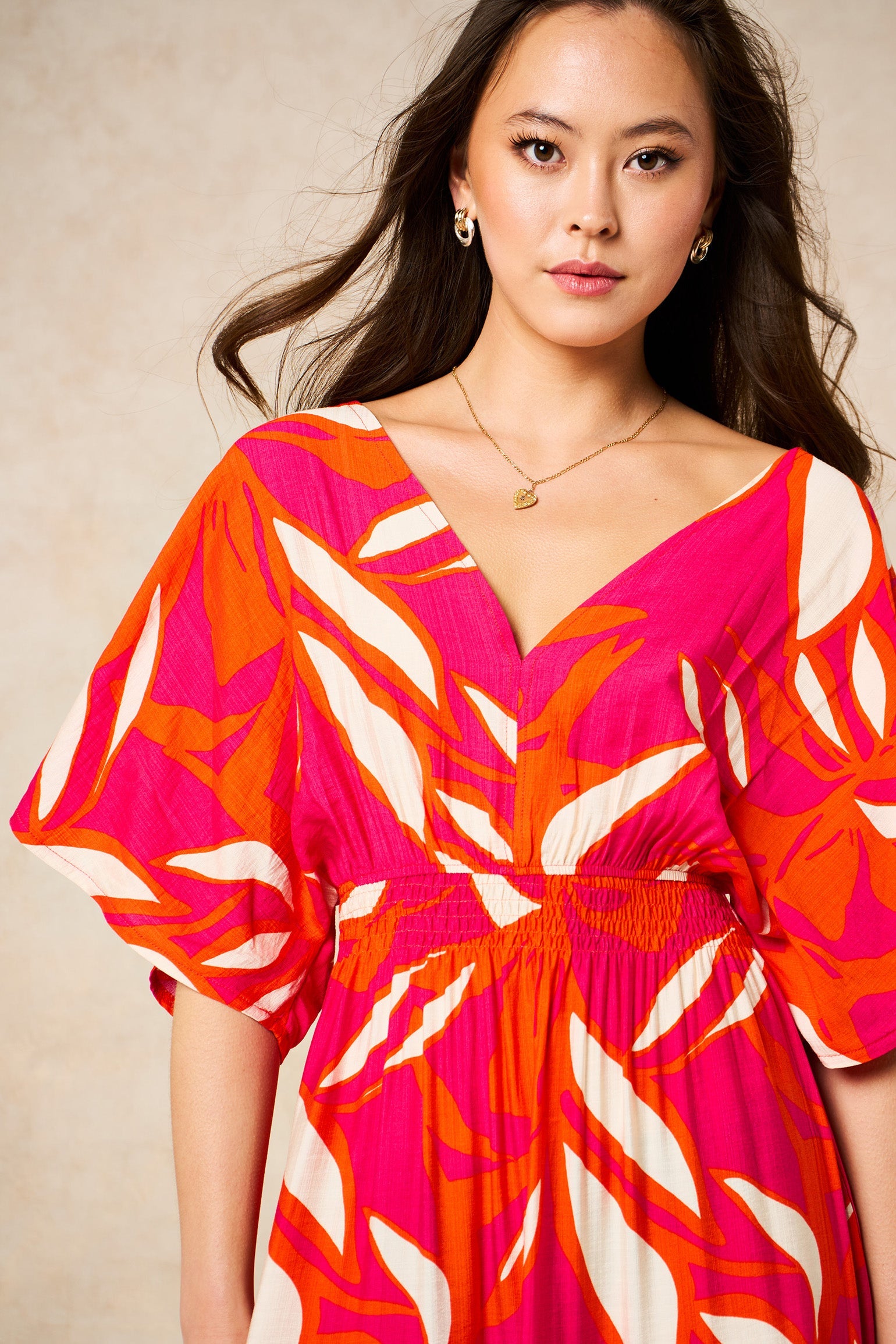 Tropical-Floral-Maxi-Kaftan-Dress-in-Hot-Pink-close-up