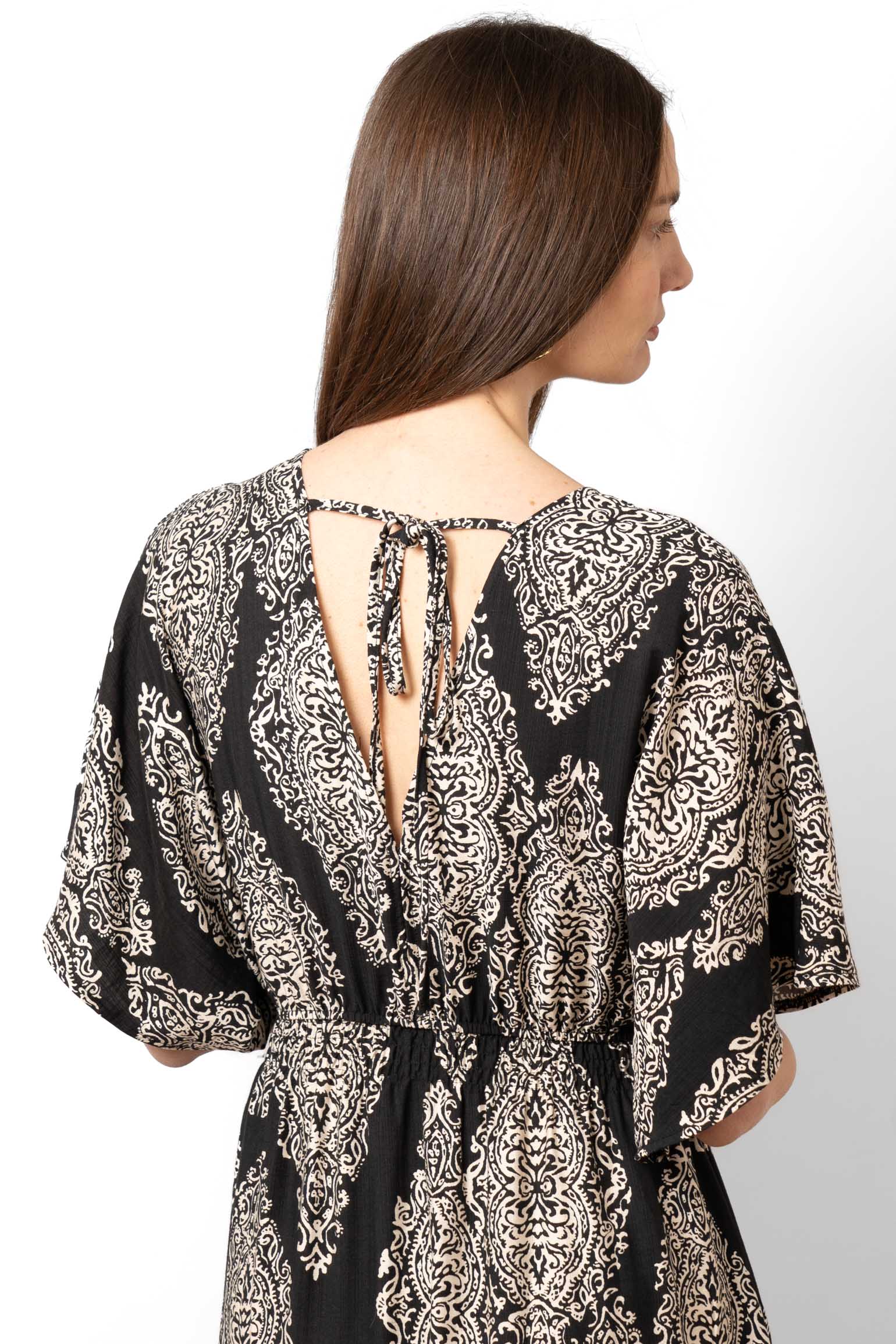 sienna-maxi-kaftan-dress-black-mandala-print-close-up-neck-tie