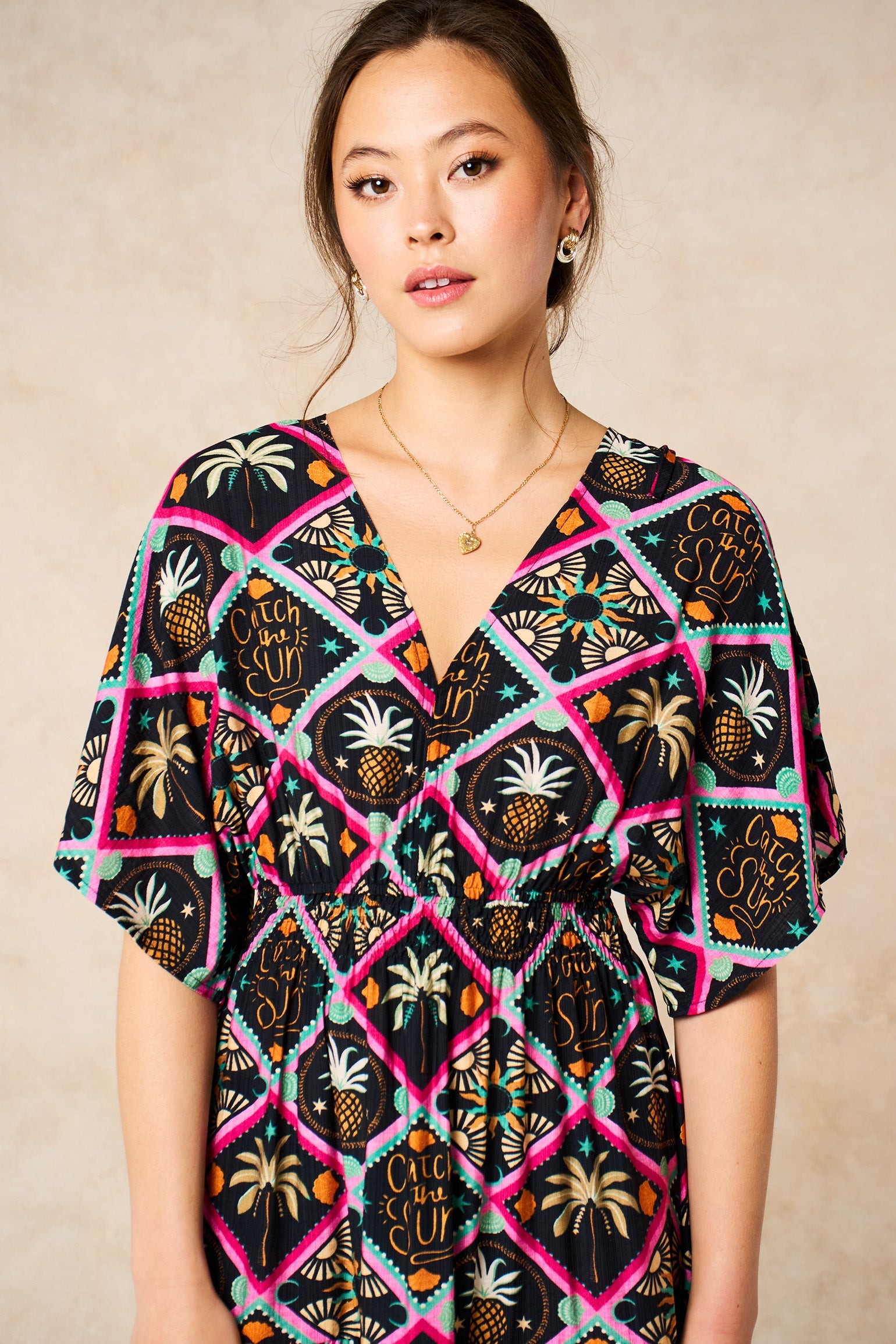 Pineapple-Print-Maxi-Kaftan-Dress-in-Black-close-up