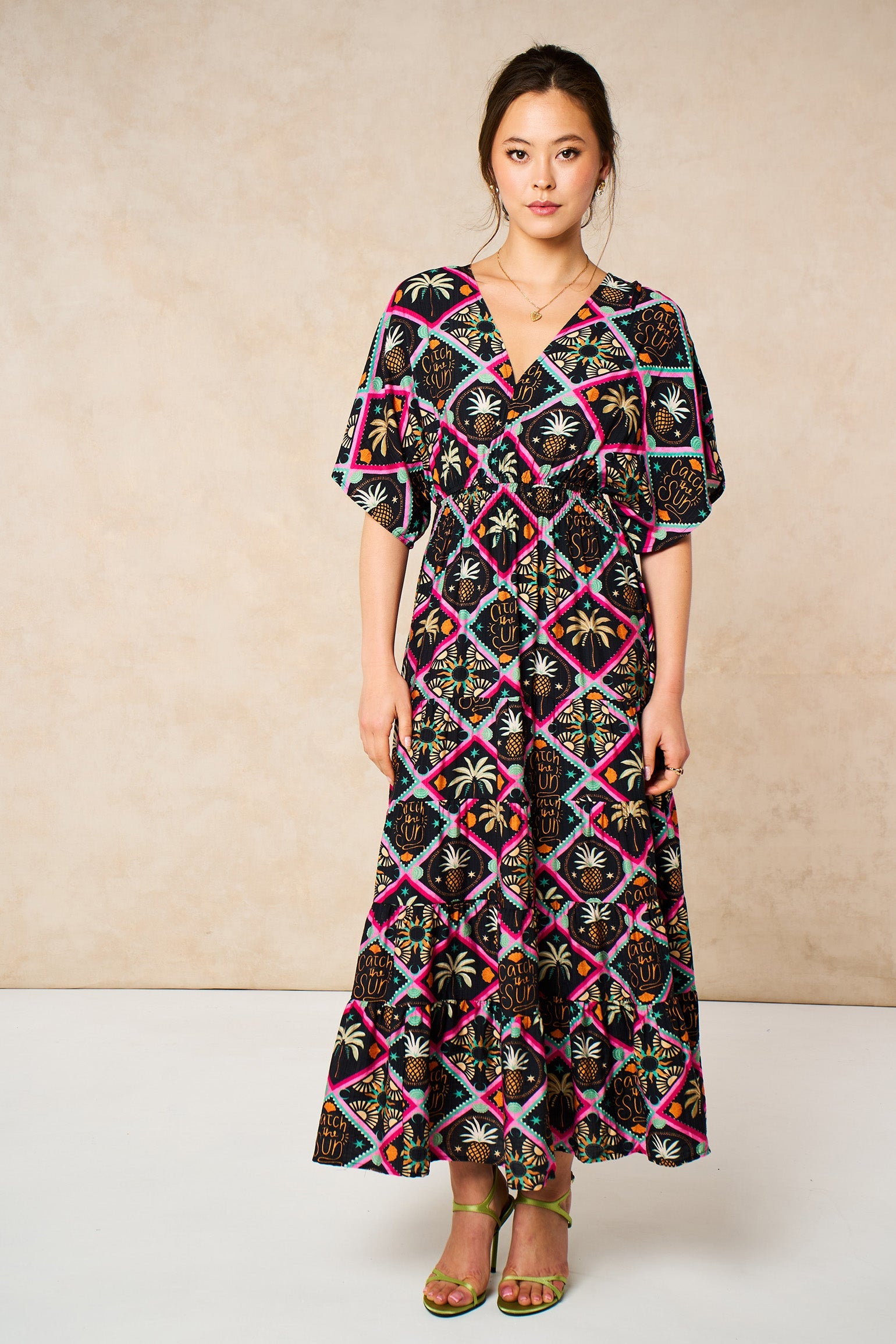 Pineapple-Print-Maxi-Kaftan-Dress-in-Black-styled