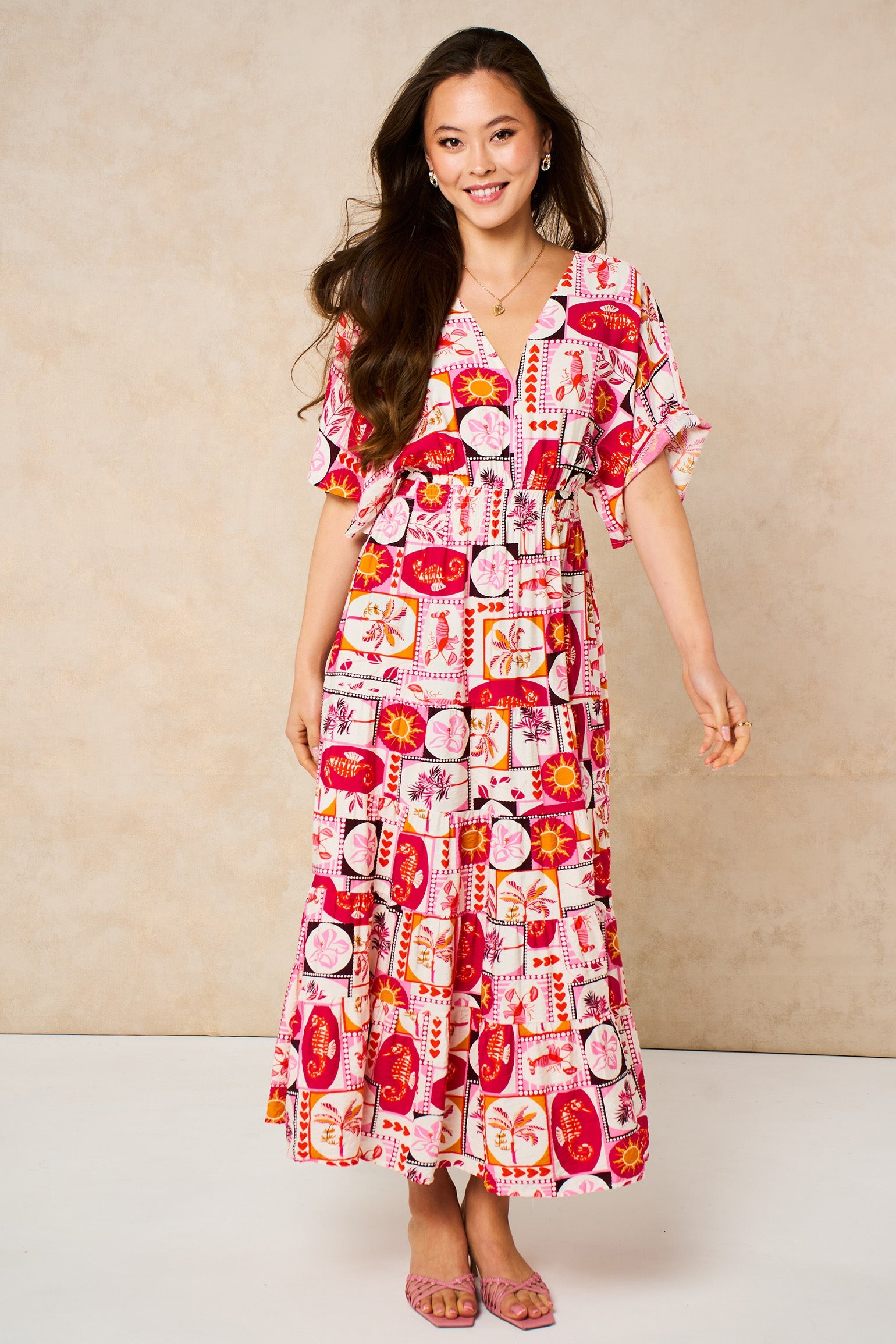 Postcard-Print-Maxi-Kaftan-Dress-in-Pink-front