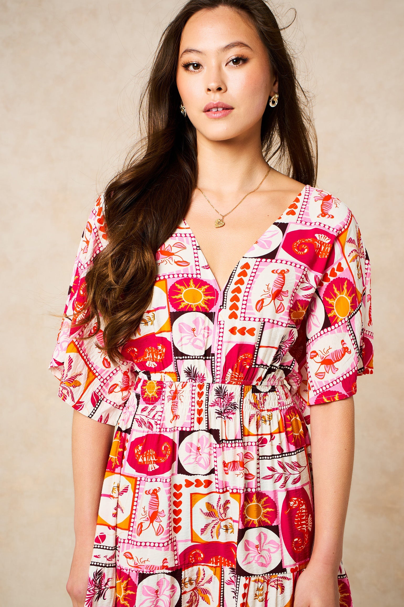 Postcard-Print-Maxi-Kaftan-Dress-in-Pink-close-up
