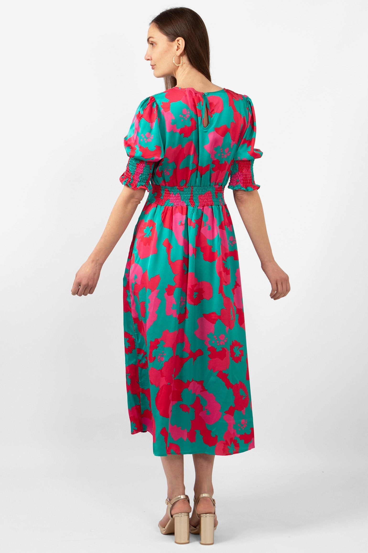 hazel-midi-tea-dress-turquoise-hot-pink-floral-print-rear-view-shirred-waistband
