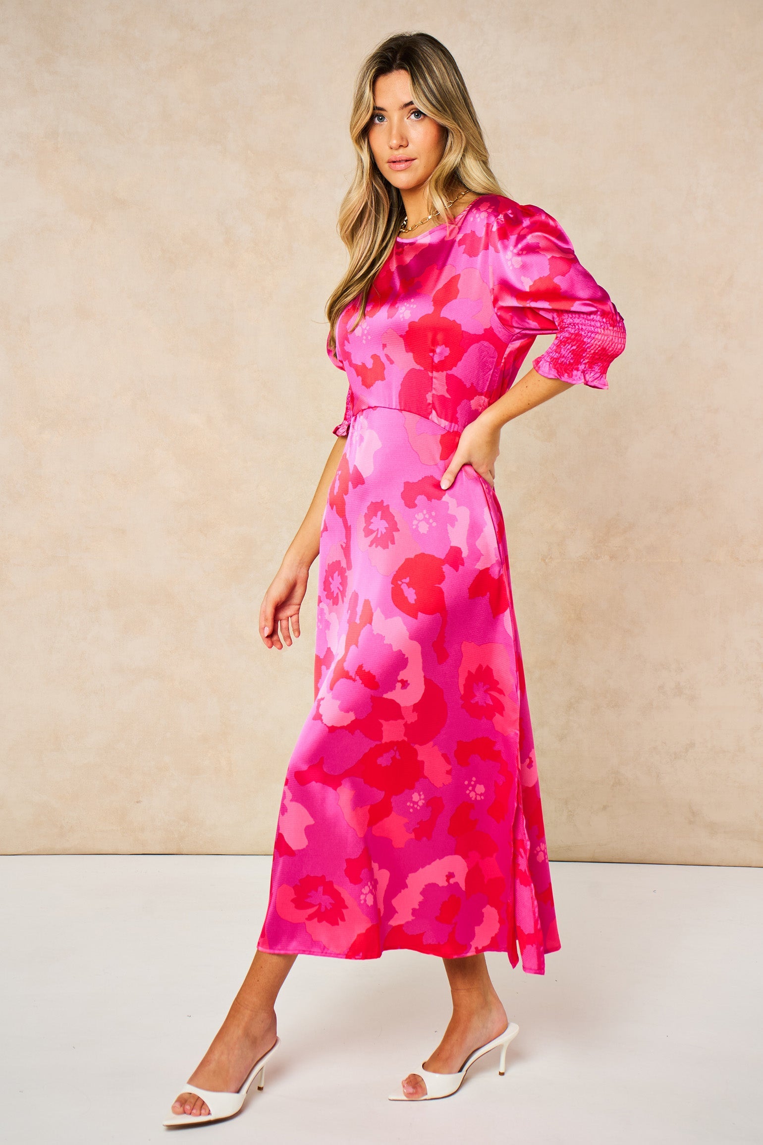 Floral-Midi-Tea-Dress-in-Hot-Pink-side-pose