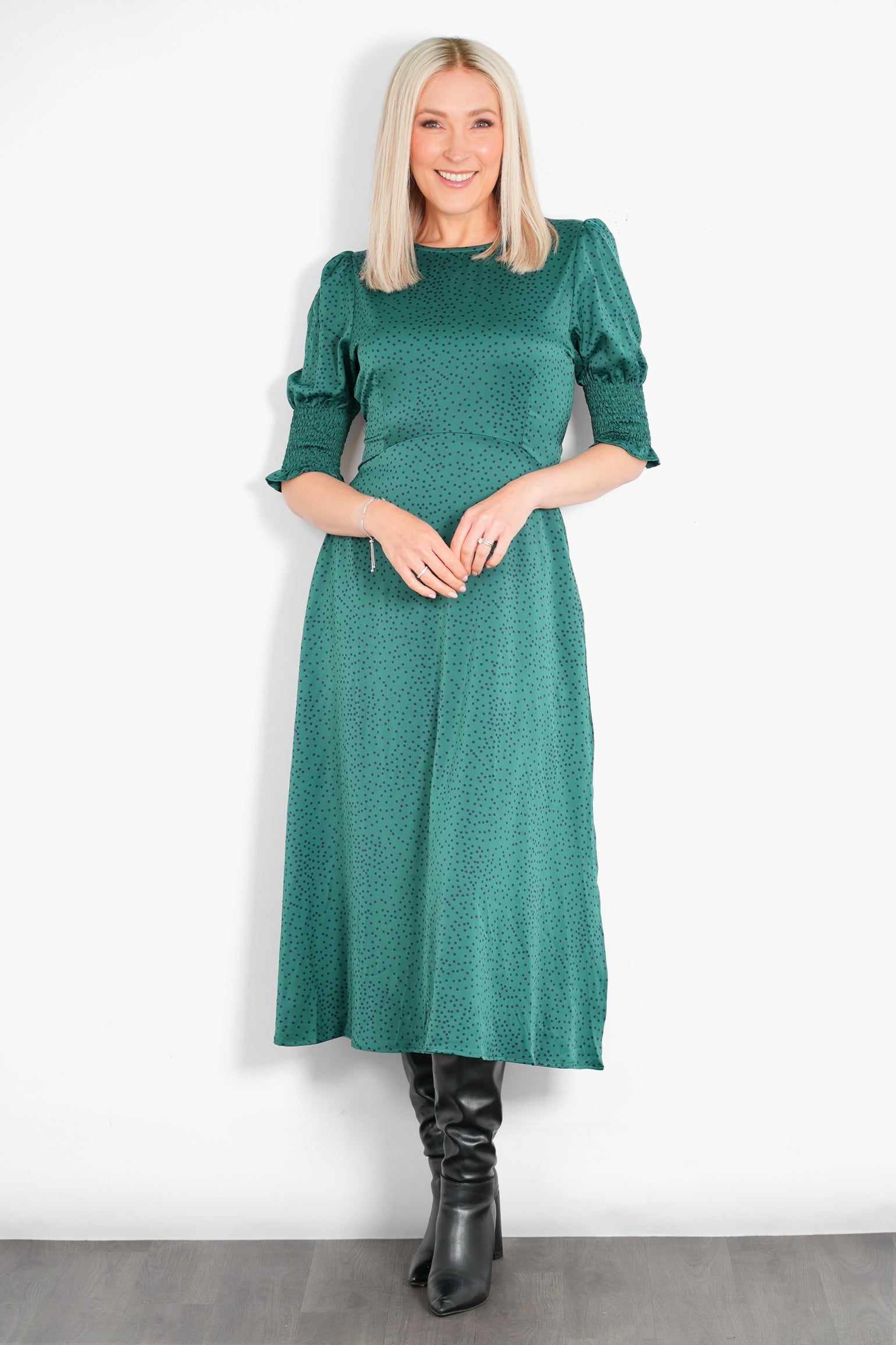 Sarta Women's Hazel Silky Polka Dot Midi Tea Dress in Green | Size: Large Sarta Women's Hazel Silky Polka Dot Midi Tea Dress in Green | Size: Large