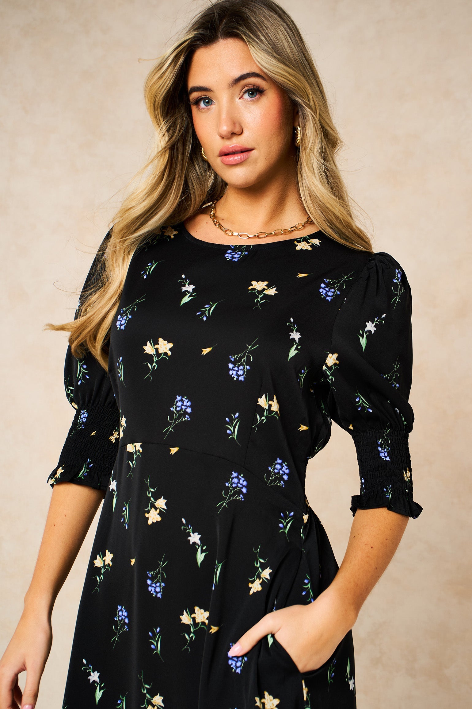Floral-Posy-Midi-Tea-Dress-in-Black-close-up
