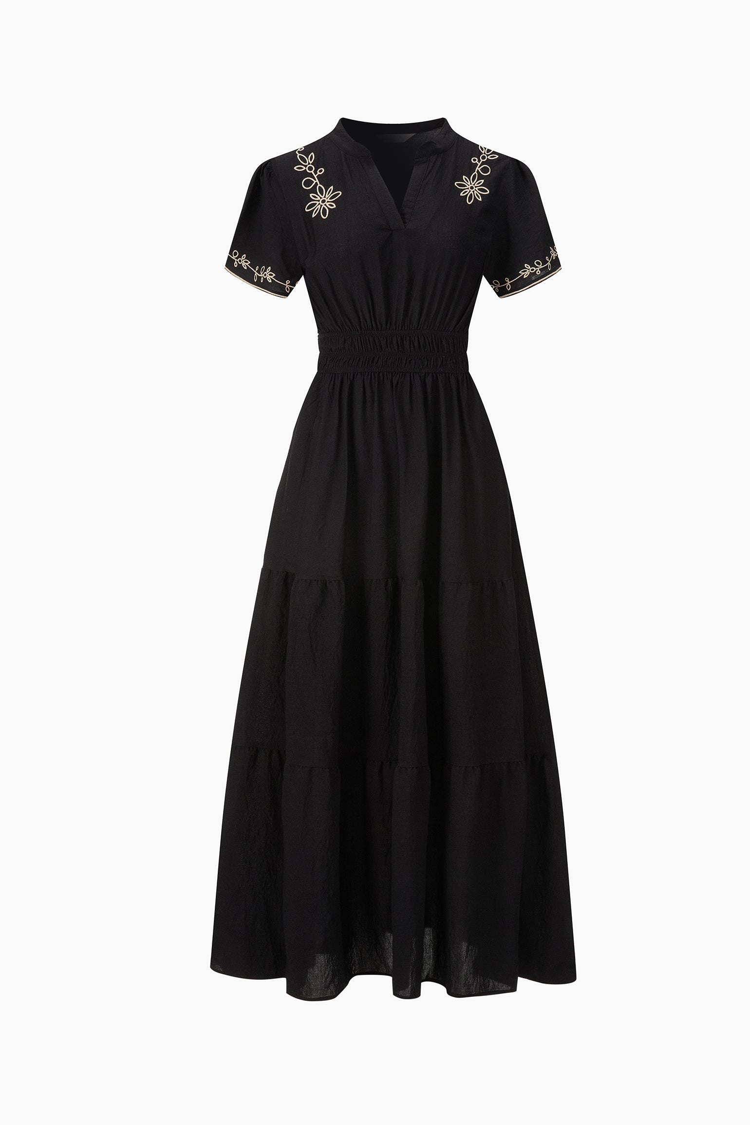 Sarta Women's Embroidered Floral Tiered Maxi Dress in Black