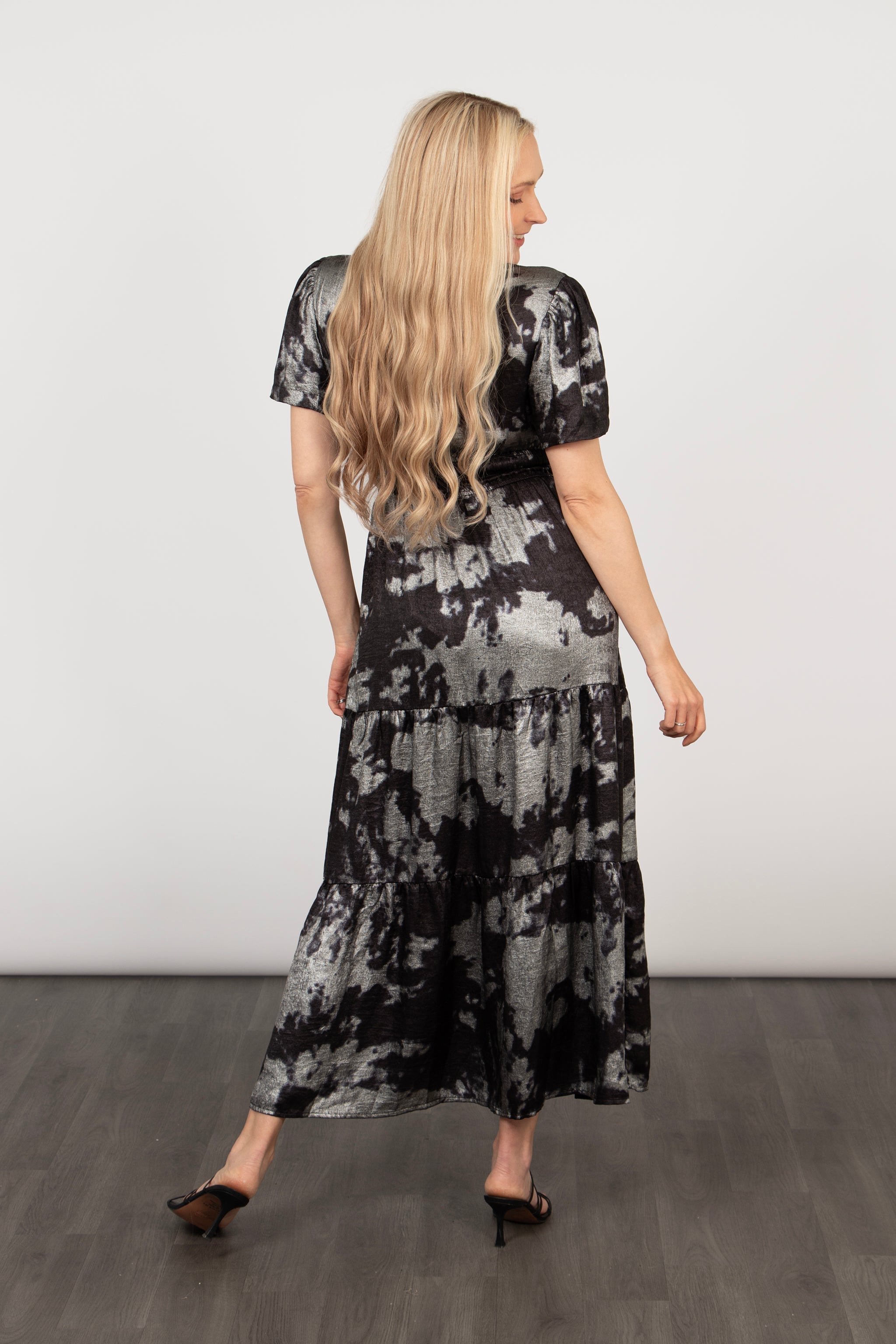 Roxy Tiered Maxi Dress - Black/Silver, Metallic Paint Splash