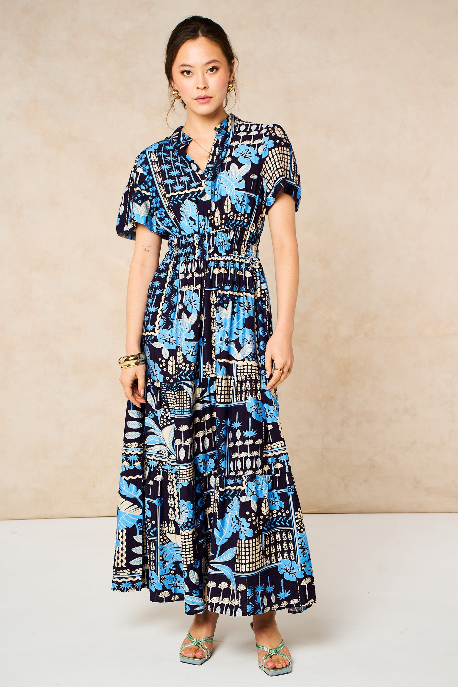 Tile-Print-Tiered-Maxi-Dress-in-Navy-Blue-Front