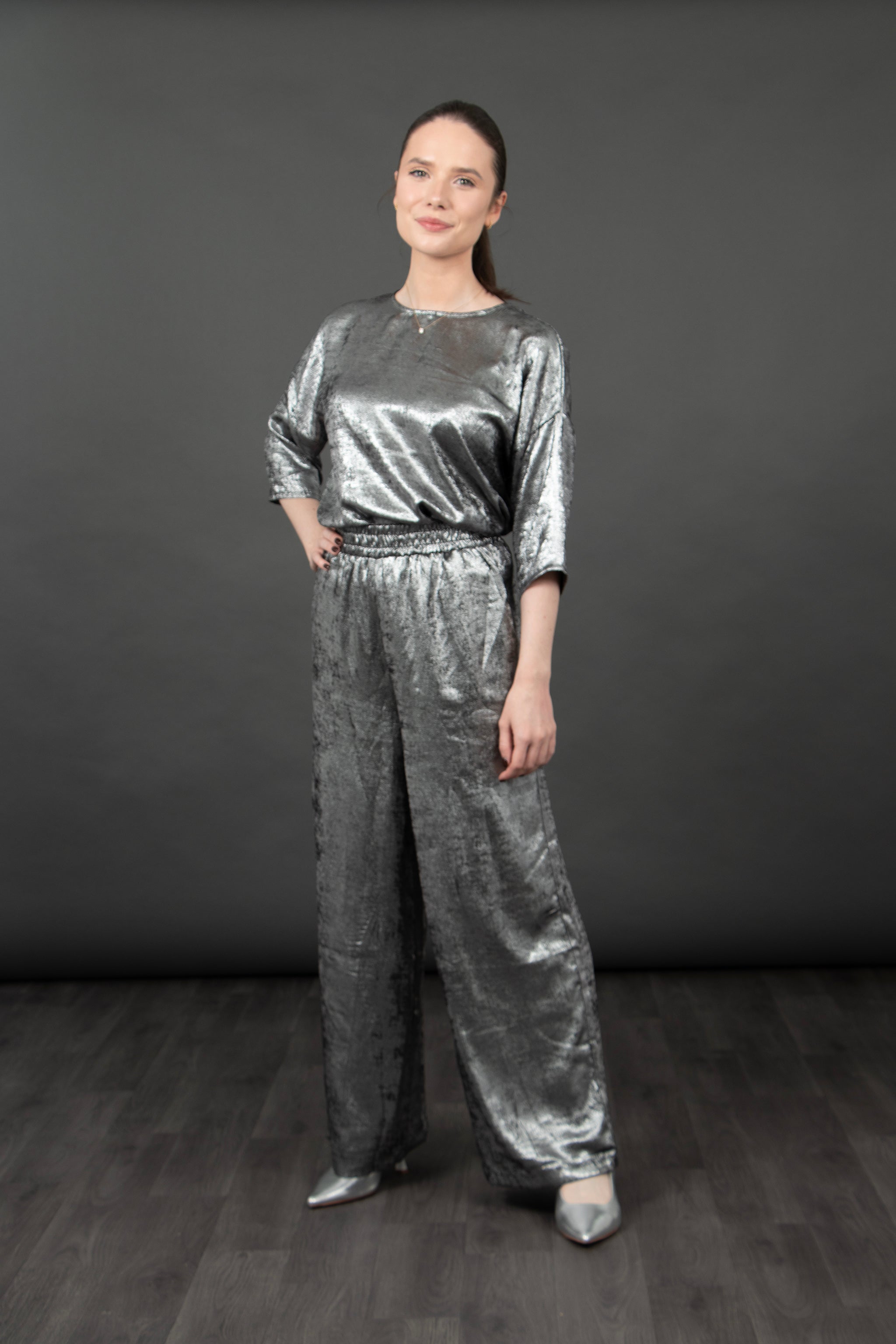 Lena Wide Leg Trouser - Silver, Metallic