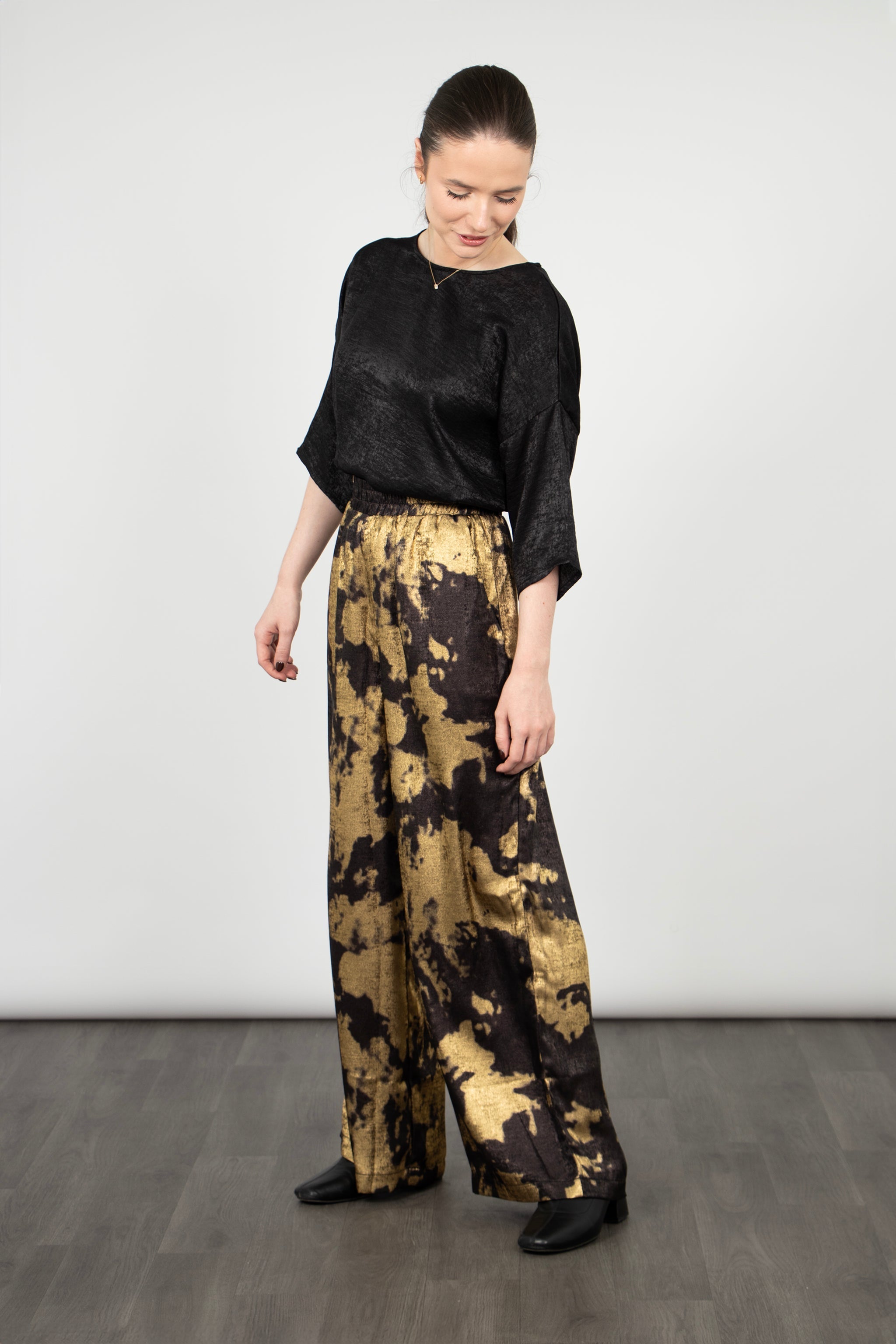 Lena Wide Leg Trouser - Black/Gold, Metallic Oil Slick